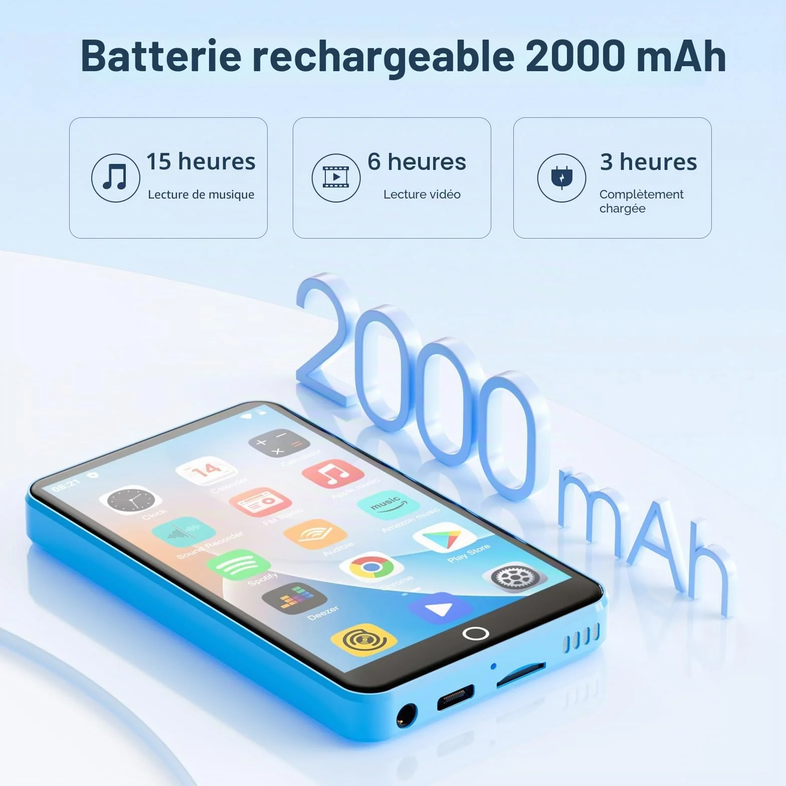 Oilsky Lecteur MP3 Bluetooth WiFi 80GB 4" 1080P Tactile Android 9.0 Portable Spotify Audible Deezer Bleu