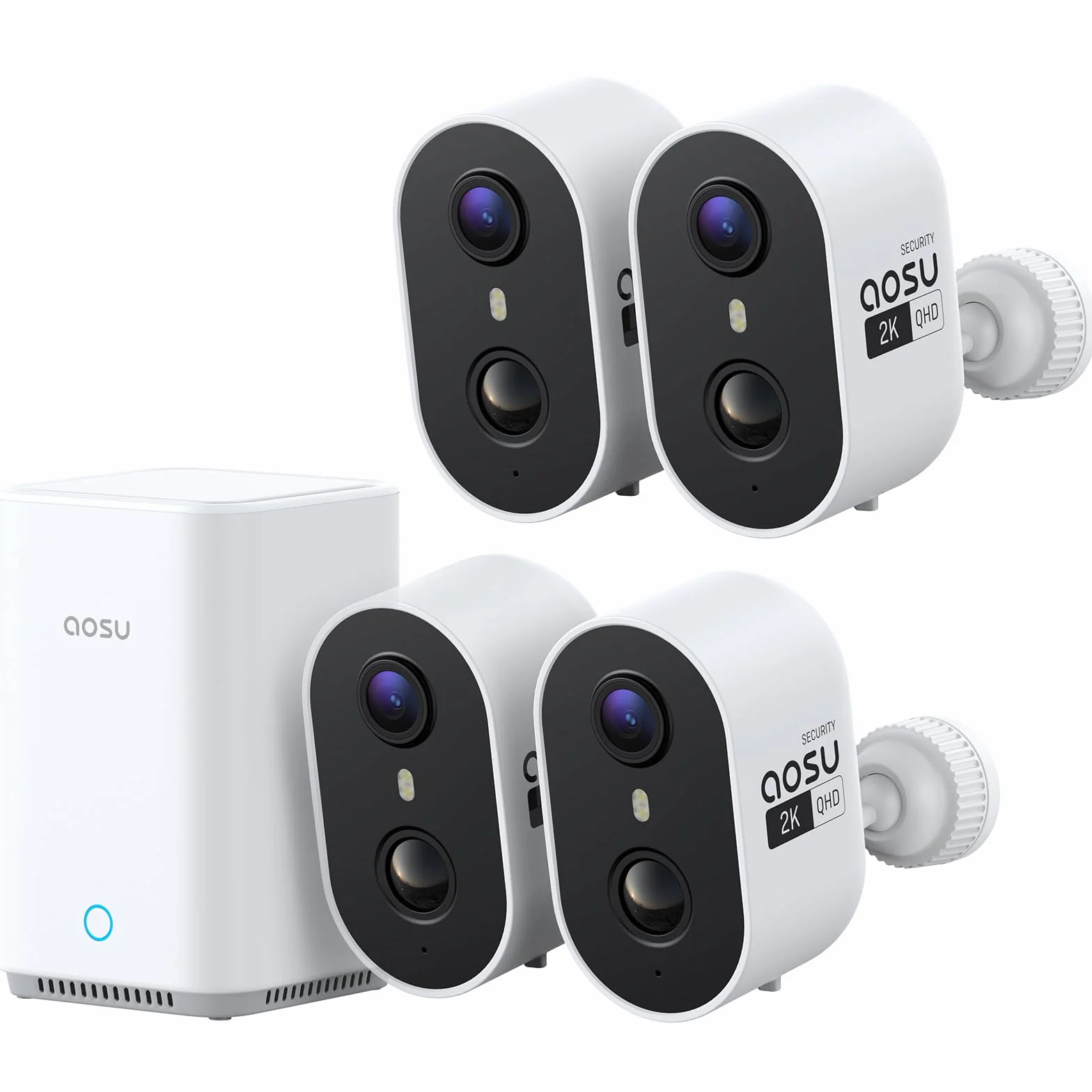 AOSU 2K Caméra Surveillance WiFi Extérieure Intérieur Sans Fil, 4 Cam Kit & 2.0 aosuBase, Sans Abonnement Requis, Extensible à 1 To, AI PIR Détection, Alarme Son et Lumière, Vision Nocturne en Couleur