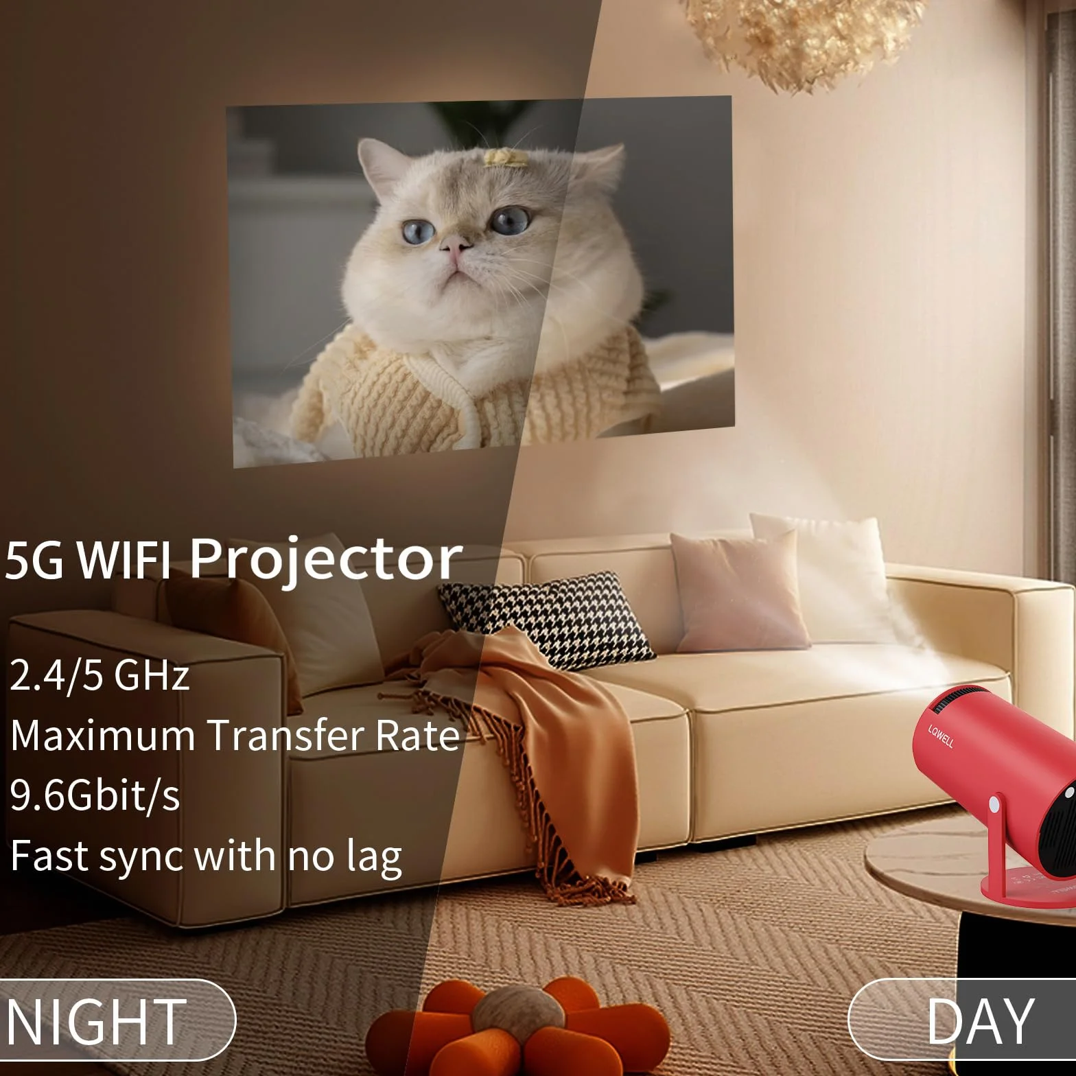 LQWELL Mini projecteur Wi-Fi 5G BT5.0 Android 4K HDMI 130 Pouces Home Cinéma