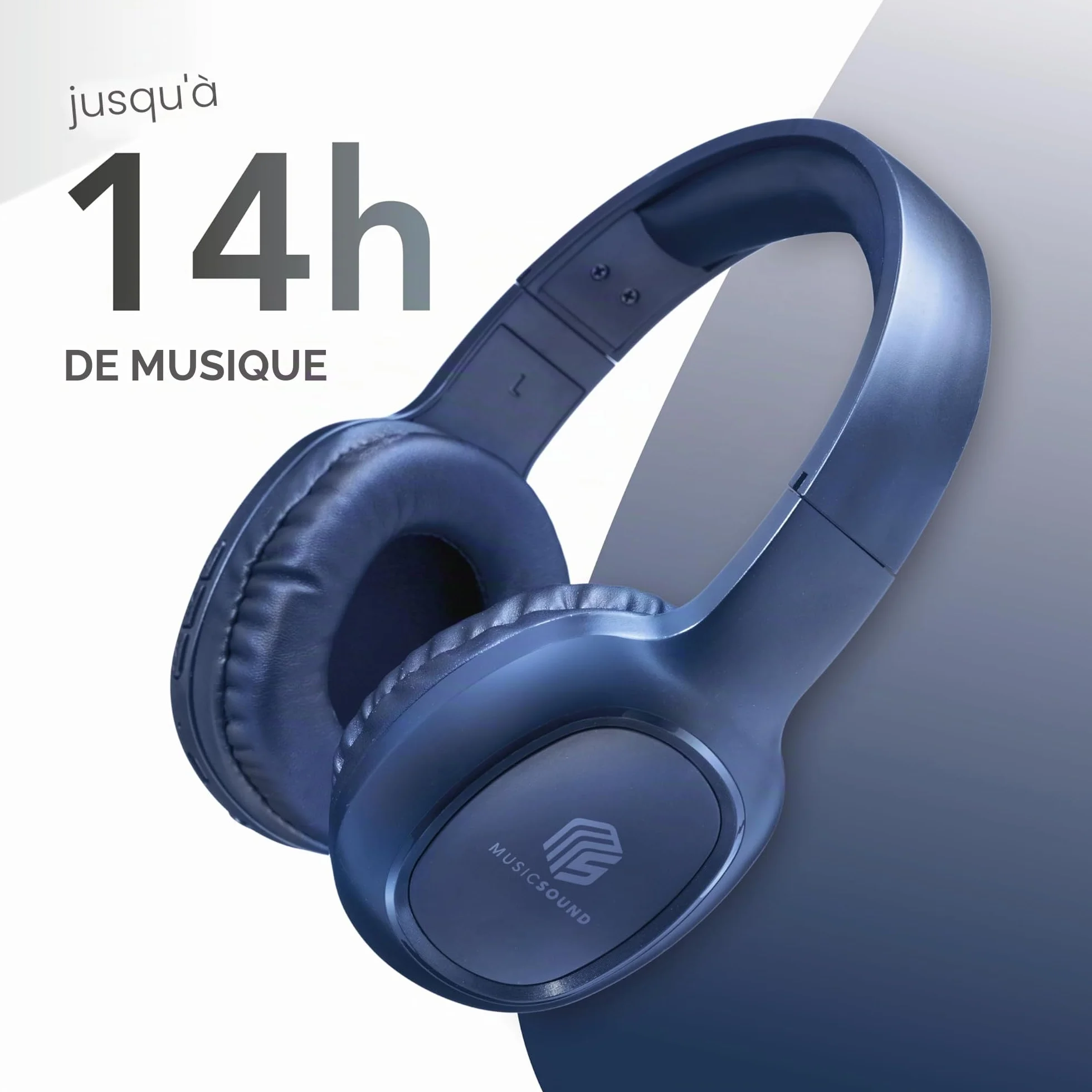 Music Sound | Casque Bluetooth Basic | Casque Bluetooth Supra-auriculaire avec Bandeau Extensible - Autonomie 14h - Recharge 2h - Voyant LED et entrée AUX - Couleur Bleu
