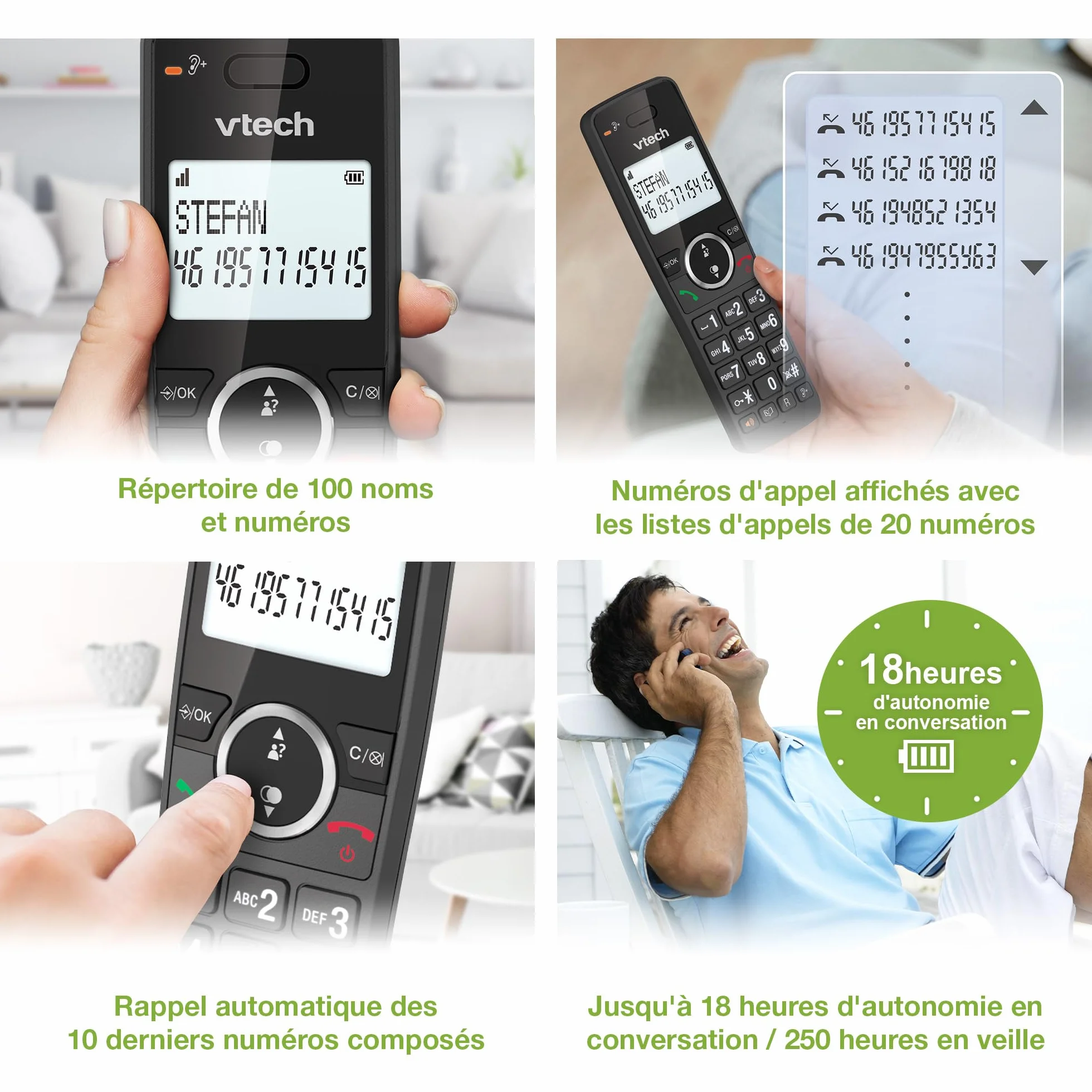 VTech ES2000 Téléphone sans Fil DECT avec Blocage d'appel, contrôle du Volume, Identification de l'appelant/Appel en Attente, 18 Heures d'autonomie, numérotation Rapide, Noir