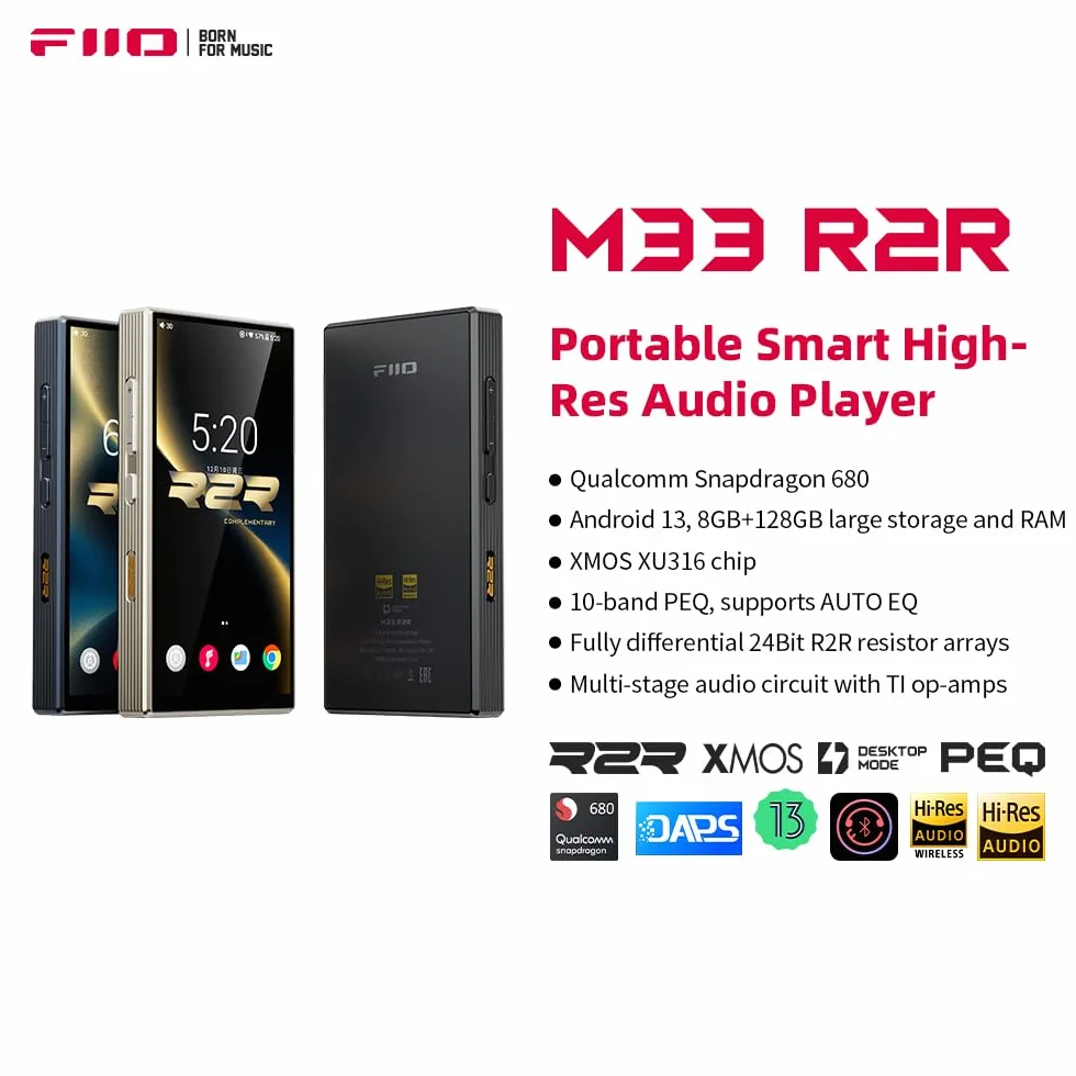 FiiO Lecteur de musique HiFi portable M33 R2R, Snapdragon 680, 8 Go de RAM + 128 Go de stockage, True R2R DAC, audio USB XMOS XU316, sortie équilibrée 1100 mW, égaliseur automatique, écran Full HD de