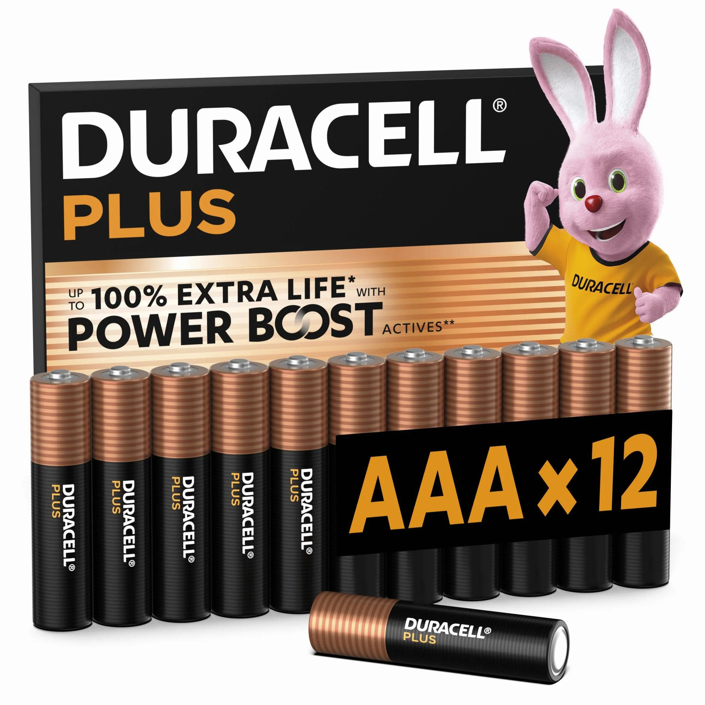 DURACELL Plus Piles AAA (Lot de 12) – Piles Alcalines 1,5 V–Durent jusqu’à 100 % plus longtemps grâce aux Actifs POWER BOOST–Fiable pour vos Appareils du Quotidien–Emballage 0 % Plastique–MN2400