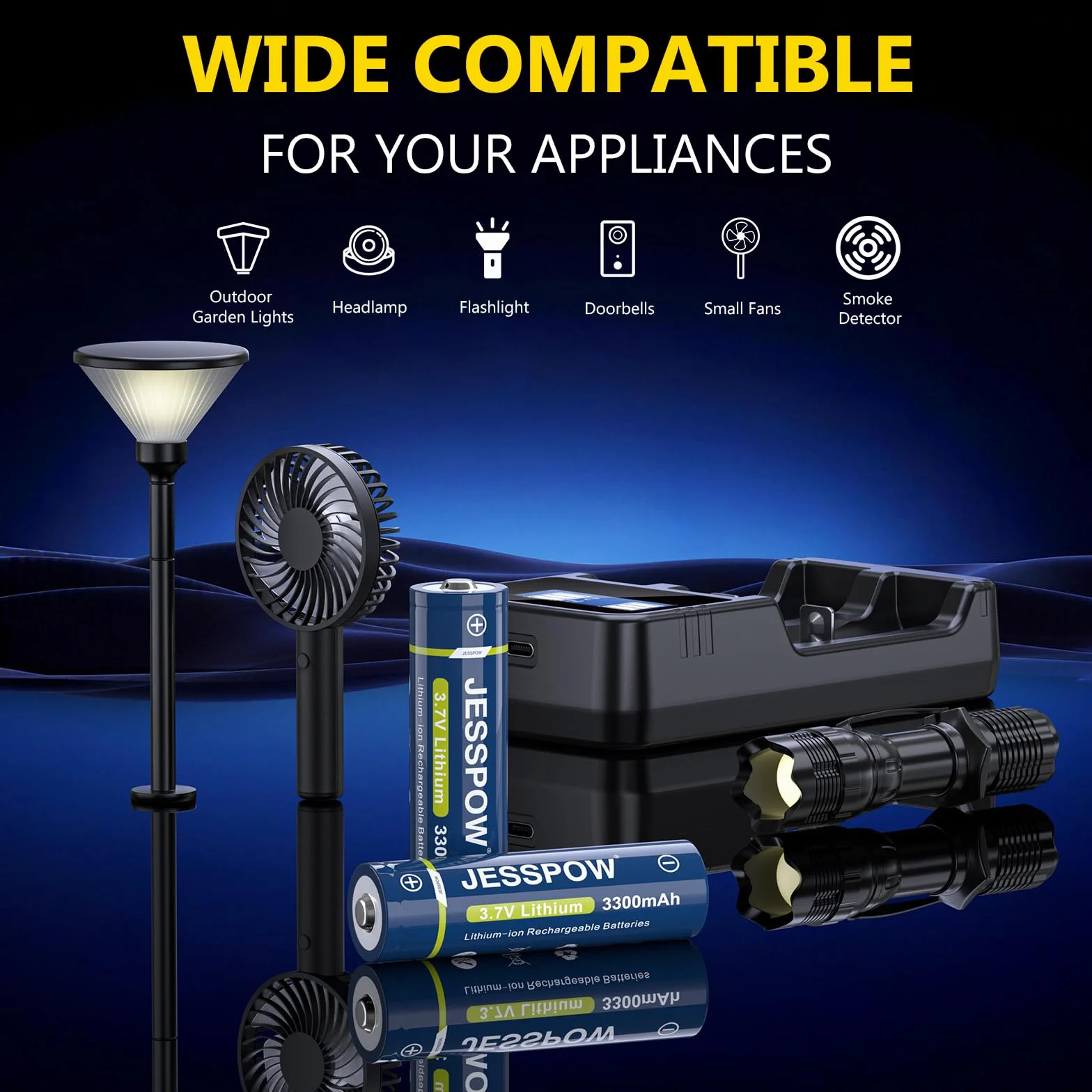Piles Rechargeables 3.7V 3300mAh Button Top avec Chargeur pour Lampe de Poche Sonnette Télécommandée 2Pcs 18x65mm