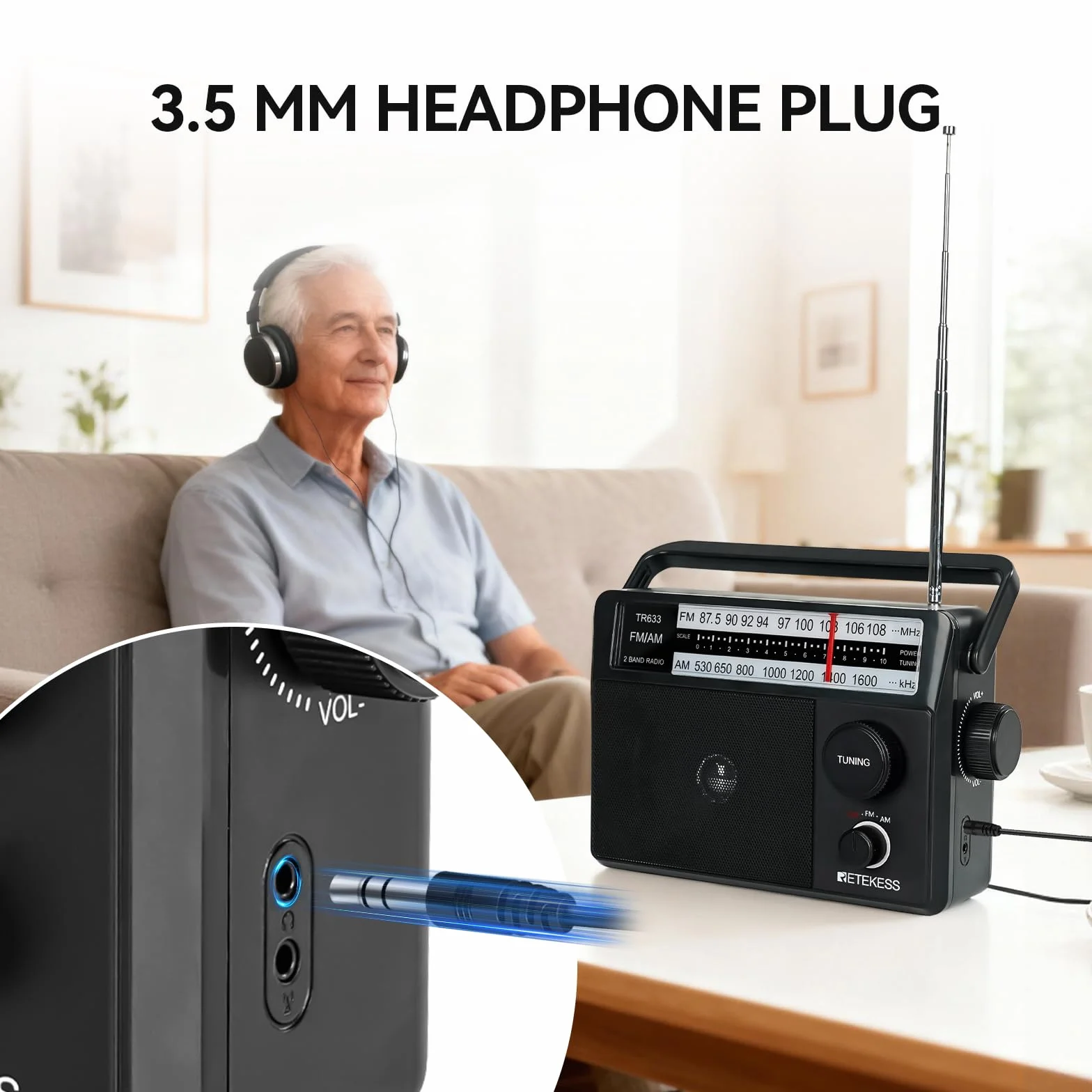 Retekess TR633 Radio Portable, Poste Radio, AM FM, Excellente Réception, Gros Boutons, Secteur ou Piles, Prise Casque 3,5 mm, Adapté aux Personnes âgées, Cuisine, Chambre
