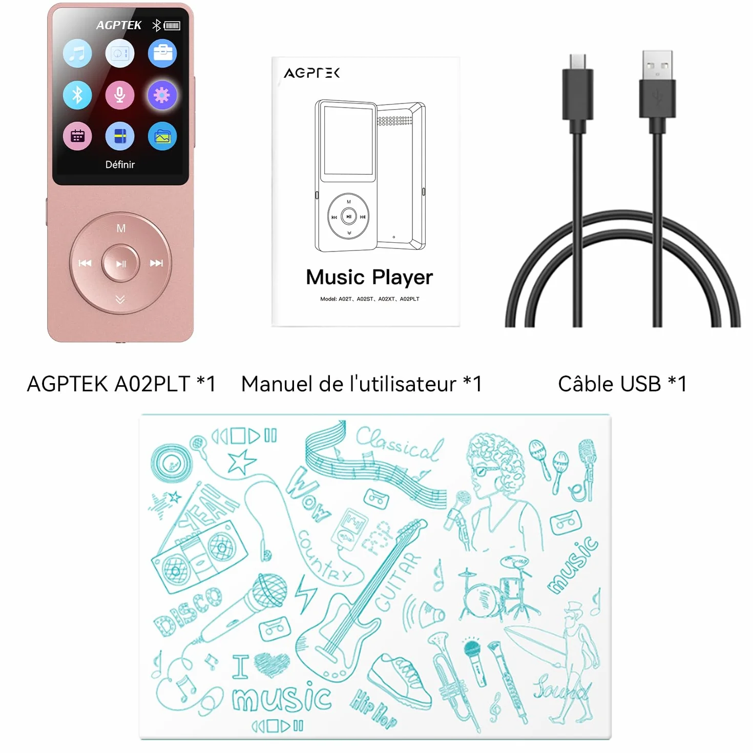 AGPTEK Lecteur MP3 Bluetooth 5.3 64Go Baladeur Portable HiFi 70H Autonomie Radio FM Or Rose