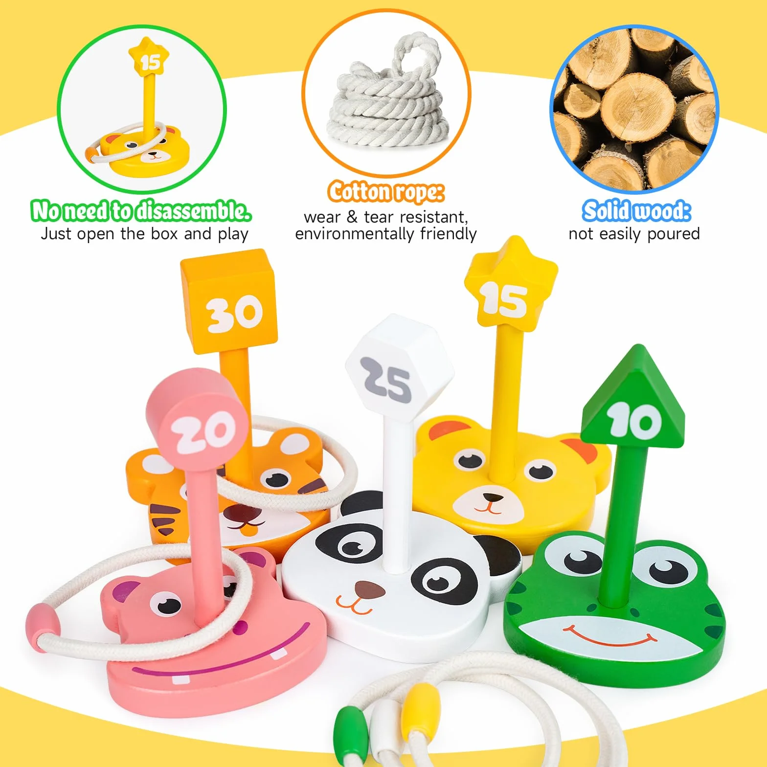 Jeu de Lancer d'Anneaux en Bois pour Enfants, Jeu d'Extérieur avec 5 Baguettes et 5 Anneaux