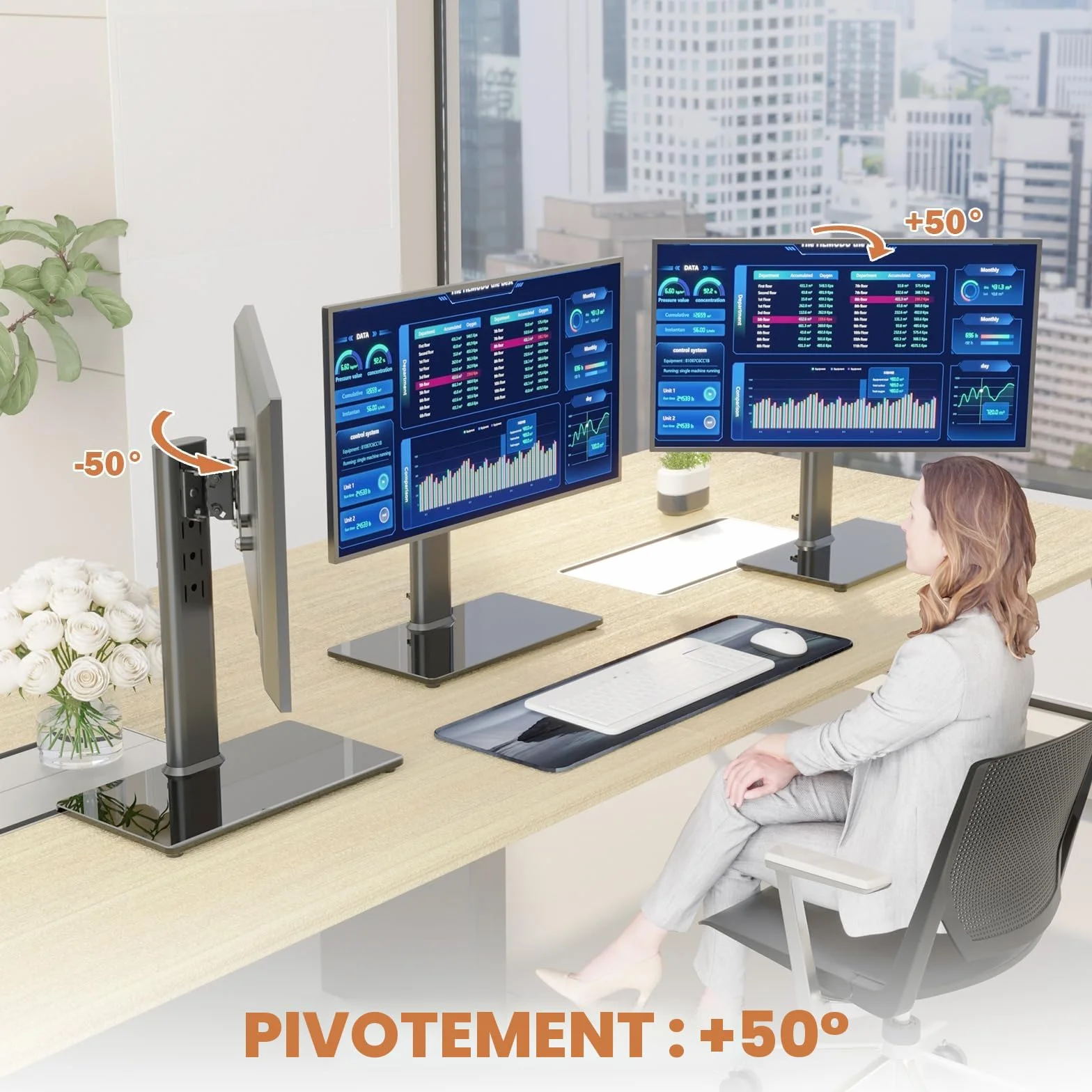 Hemudu Support de Bureau Simple pour écran LCD 13"-32" avec Pivot, Hauteur réglable, Rotation, 35 kg