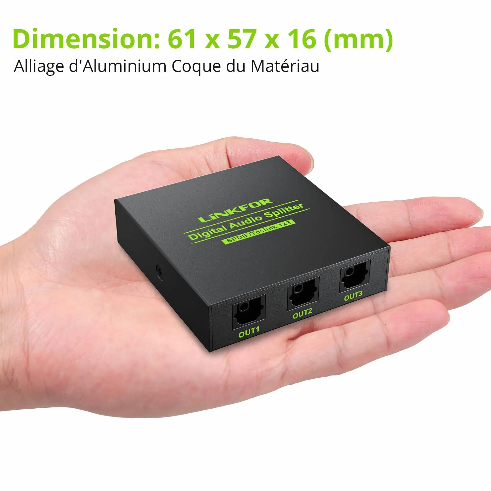LiNKFOR Répartiteur audio optique 1 x 3 SPDIF Toslink en alliage d'aluminium 1 entrée 3 sorties prend en charge LPCM 2.0 DTS pour Dolby-AC3 Compatible avec PS3 DVD HDTV STB