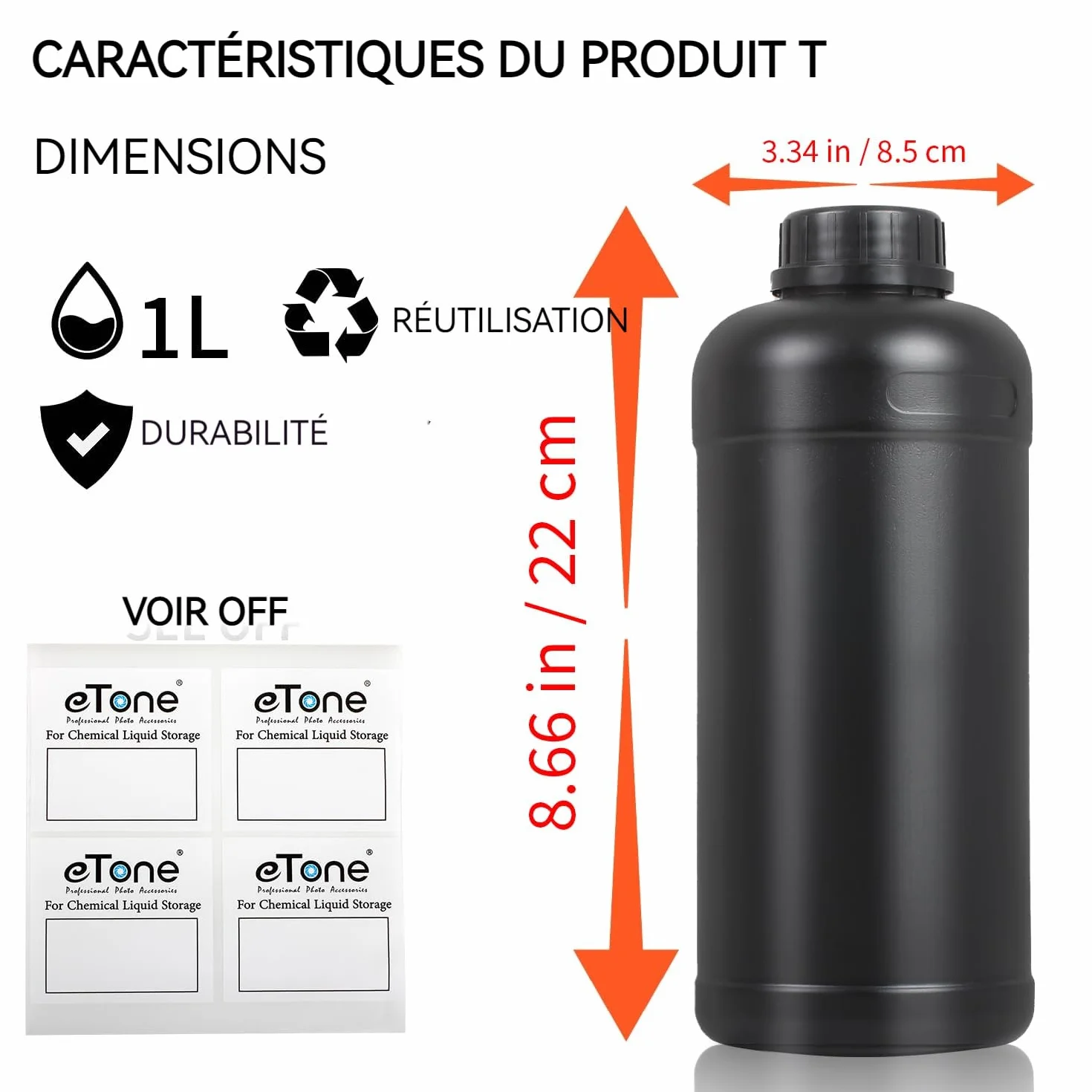 Lot de 3 pièces de 1L (1000ml) pour Chambre Noire. Bouteilles de Stockage en Plastique pour chimies de Film Photographique (3X 1L Bouteilles Noires)