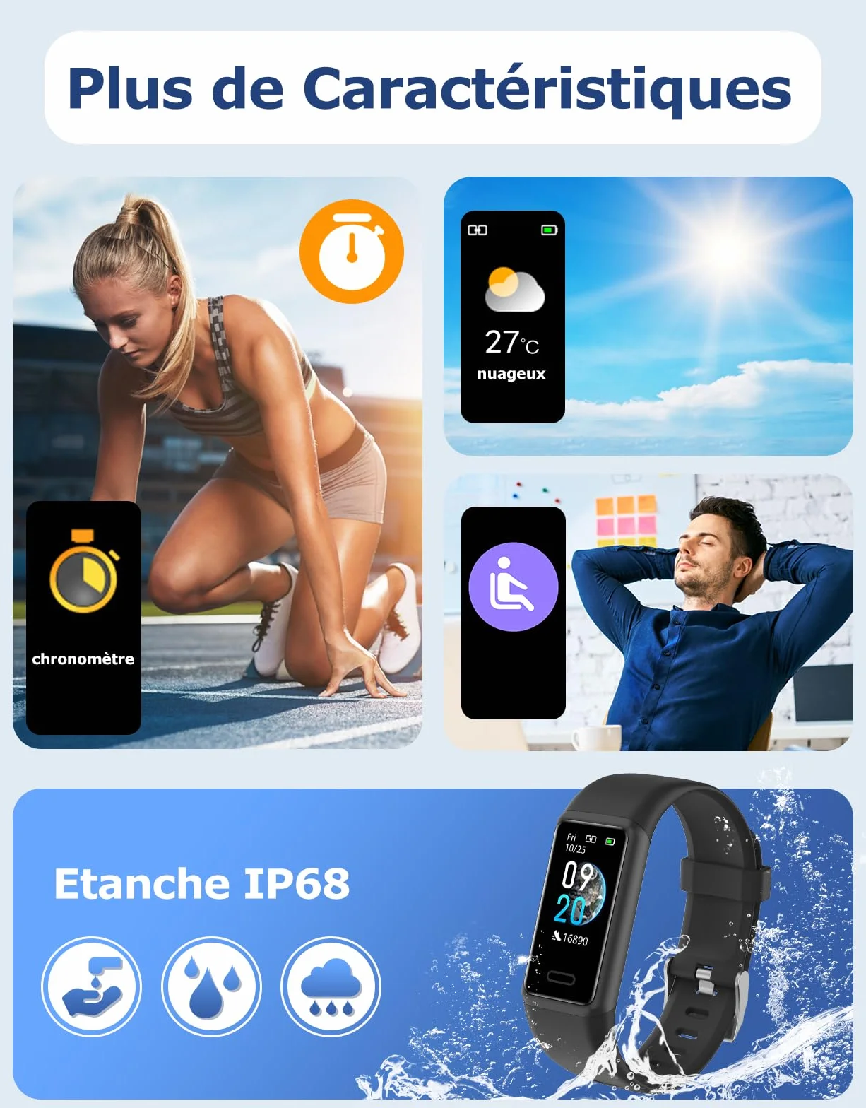 Cloudpoem Montre Connectée Sport IP68 Podomètre Cardiofréquencemètre Suivi Sommeil Calories Android iOS