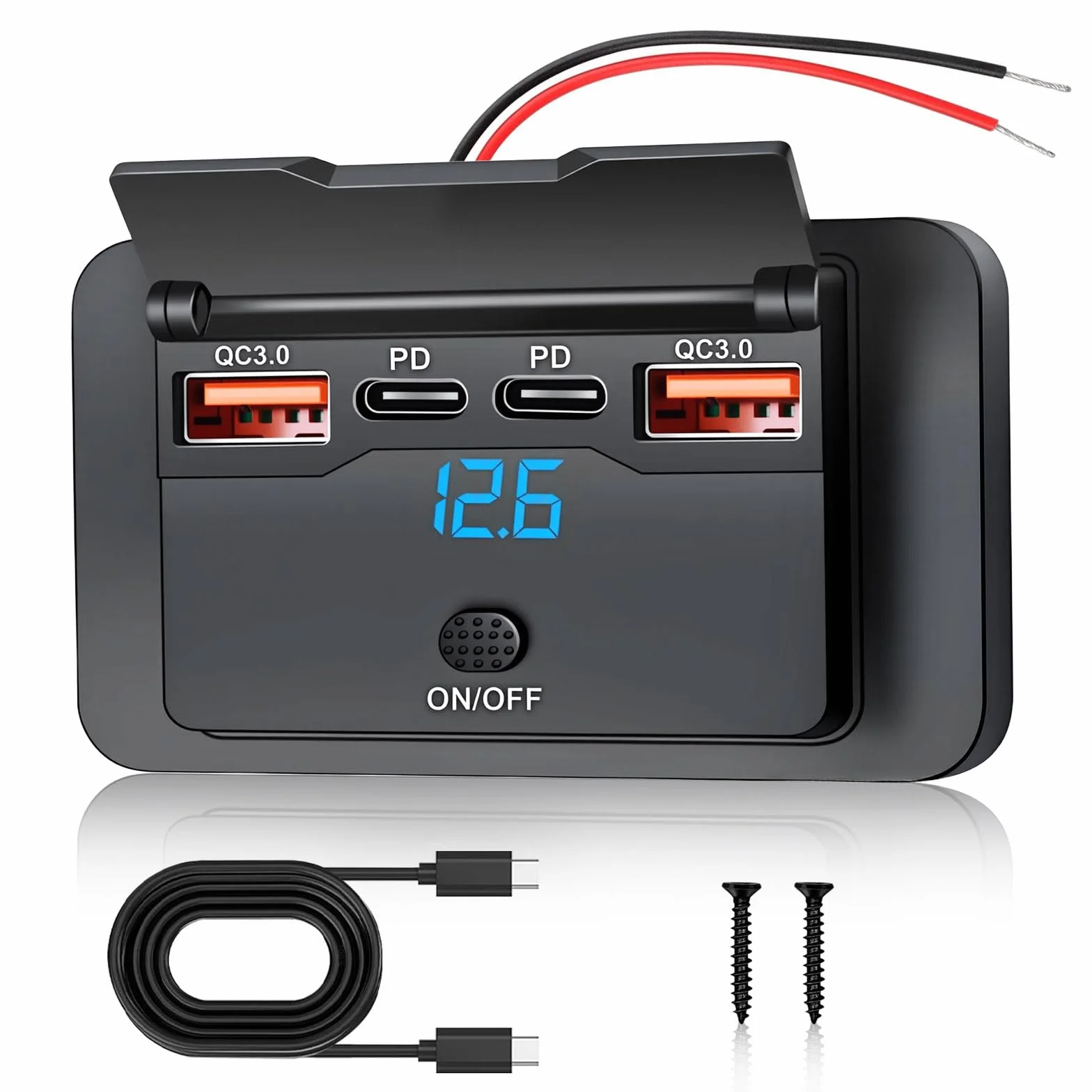 76W 4 Port Prise USB 12V Camping Car Encastrable Double 36W PD & Double 18W QC3.0 avec Interrupteur et Couvercle Etanche Prise Chargeur Voiture USB C Montage Surface pour Bus RV Camion Marine