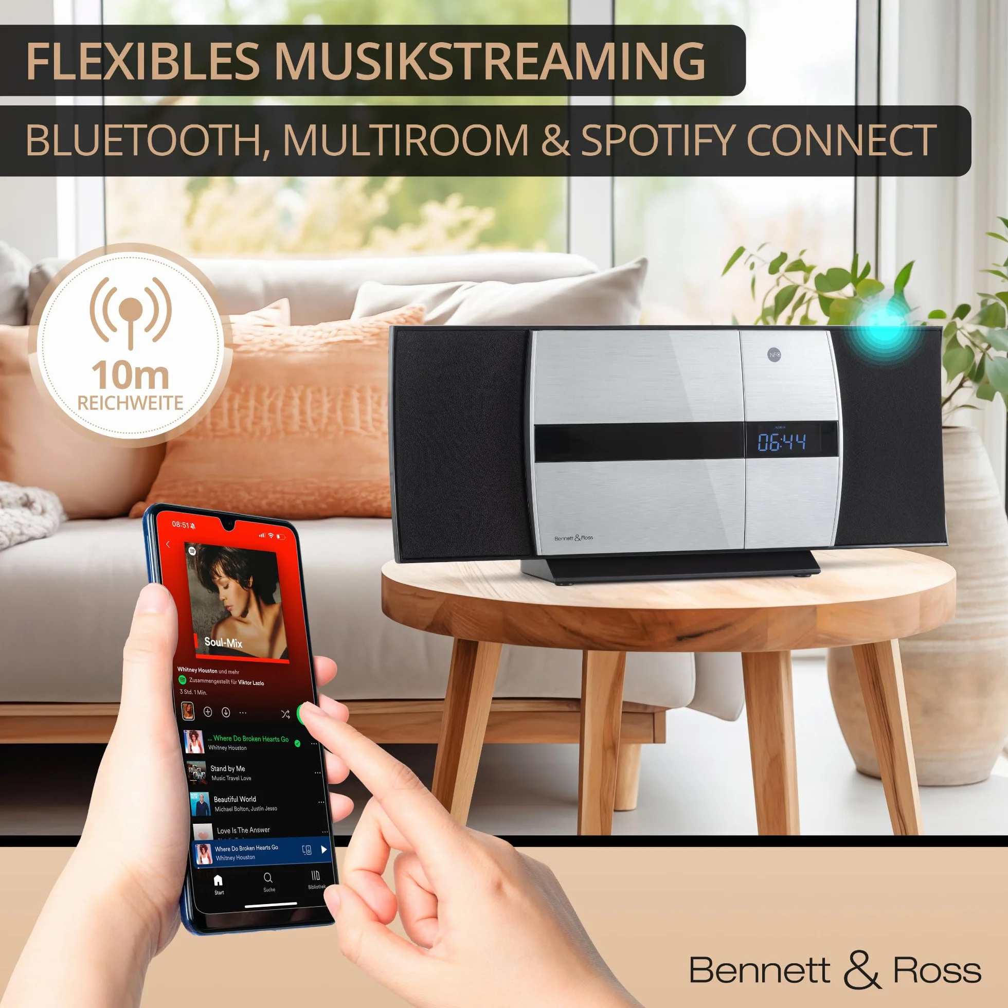 Bennett & Ross Ålesund Microchaîne hi-fi avec lecteur CD, MP3, UKW, USB, Bluetooth NFC - Installation murale ou sur pied - Argenté