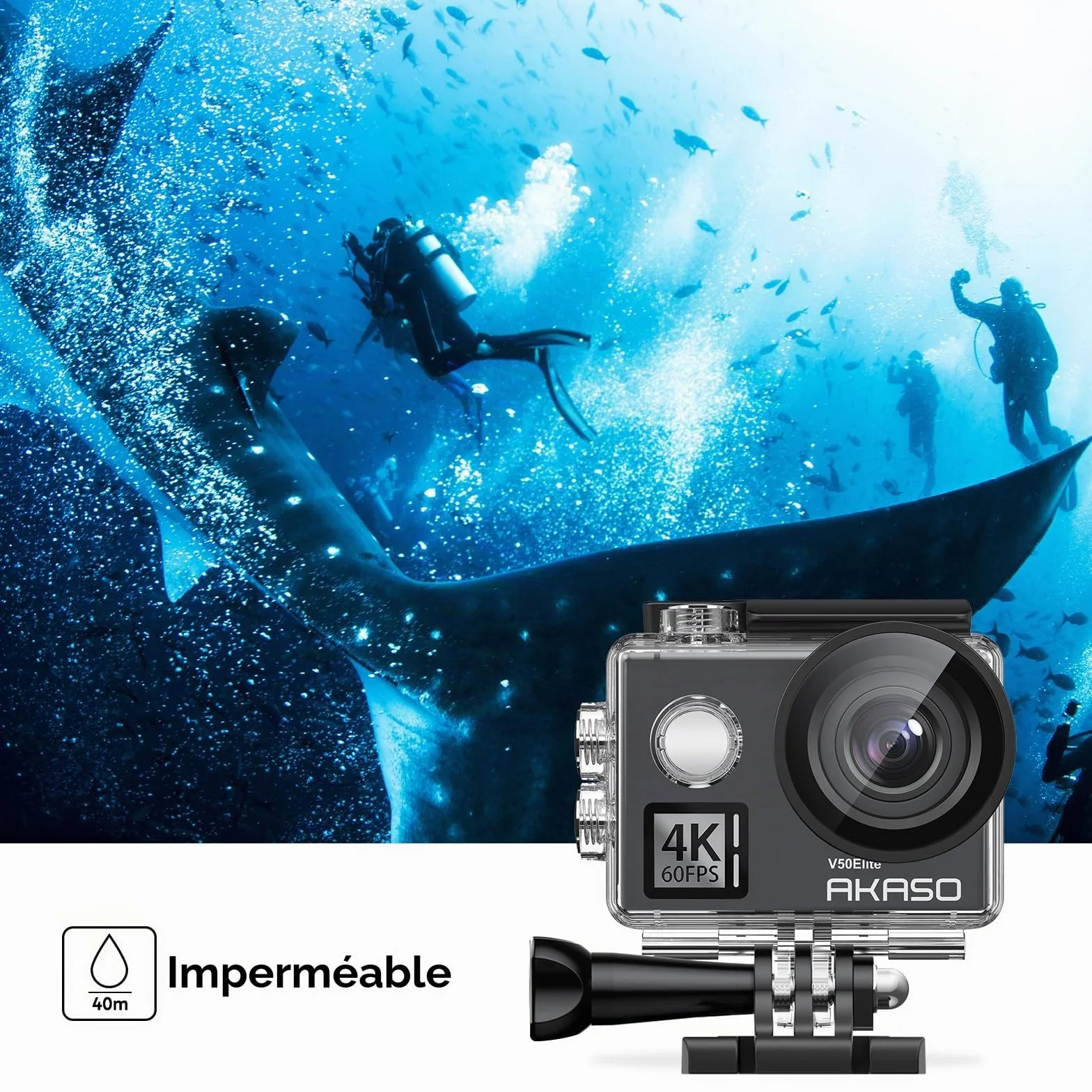 AKASO V50 Elite Caméra Sport 4K 60fps 20MP WiFi Etanche EIS 8X Zoom 2 Batteries