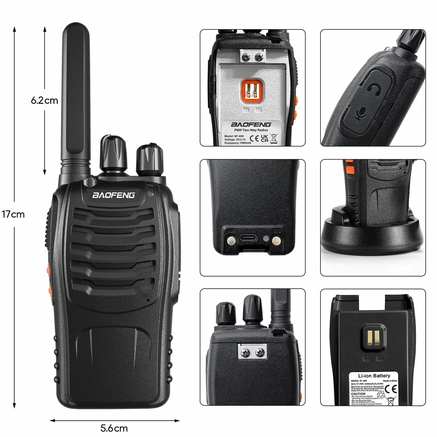 Talkie Walkie Professionnel BF-88X, Radio Bidirectionnelle 16 Canaux Longue Portée avec Chargeur USB, Noir (1 Paire)
