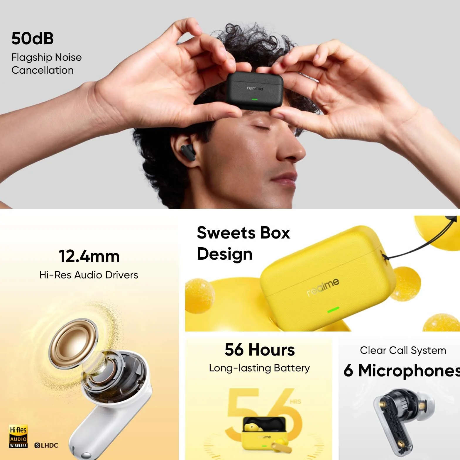 realme Buds T500 Pro Écouteurs Bluetooth sans Fil Intra-Auriculaires avec ANC 50dB, 56h d'autonomie, Son Hi-Res, Bluetooth 6.1, IP55, 6 micros, Connexion Multi-appareils (3 appareils) – Noir