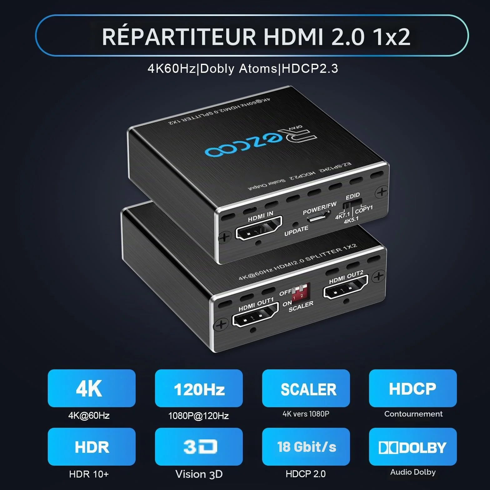 4K 60Hz Splitter HDMI 1 entrée 2 Sorties 1080P 120Hz HDCP HDR 18Gbps UHD Dolby Vision Atmos EDID Scaler 4K 1080P Répartiteur HDMI pour PS5, SkyQ, Xbox, Fire Stick, BluRay, Apple TV, Projecteur.