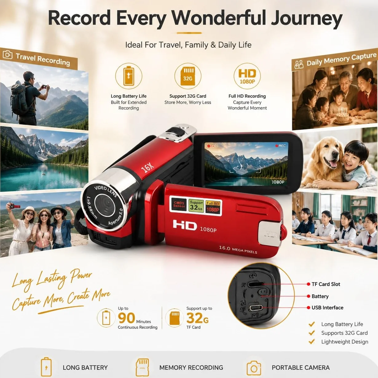 Appareil Photo Compact, Appareil Photo Vintage, Caméra Vidéo, Appareil Photo Numérique 1080P 16MP, Caméscope à écran Rotatif de 2,4 Pouces, Zoom 16X, Enregistreur Vidéo HD avec