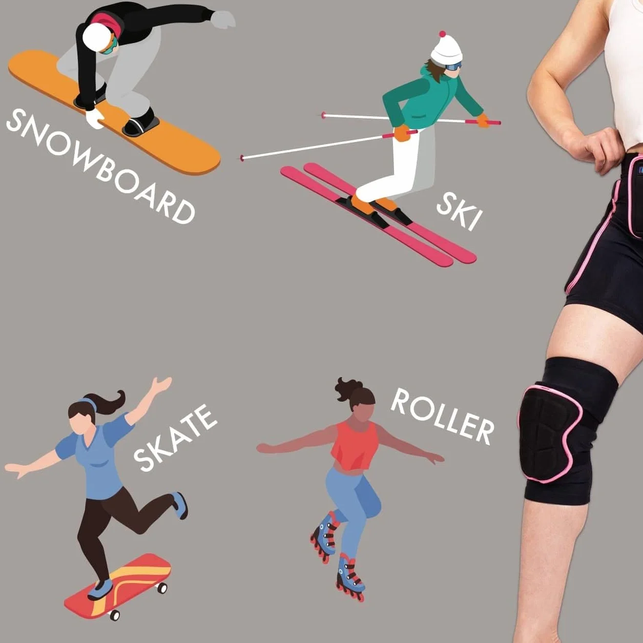 BelugaDesign Genouillère rembourrée Protection 3D Short Impact Ski Snowboard Skateboard Femme Rose Noir