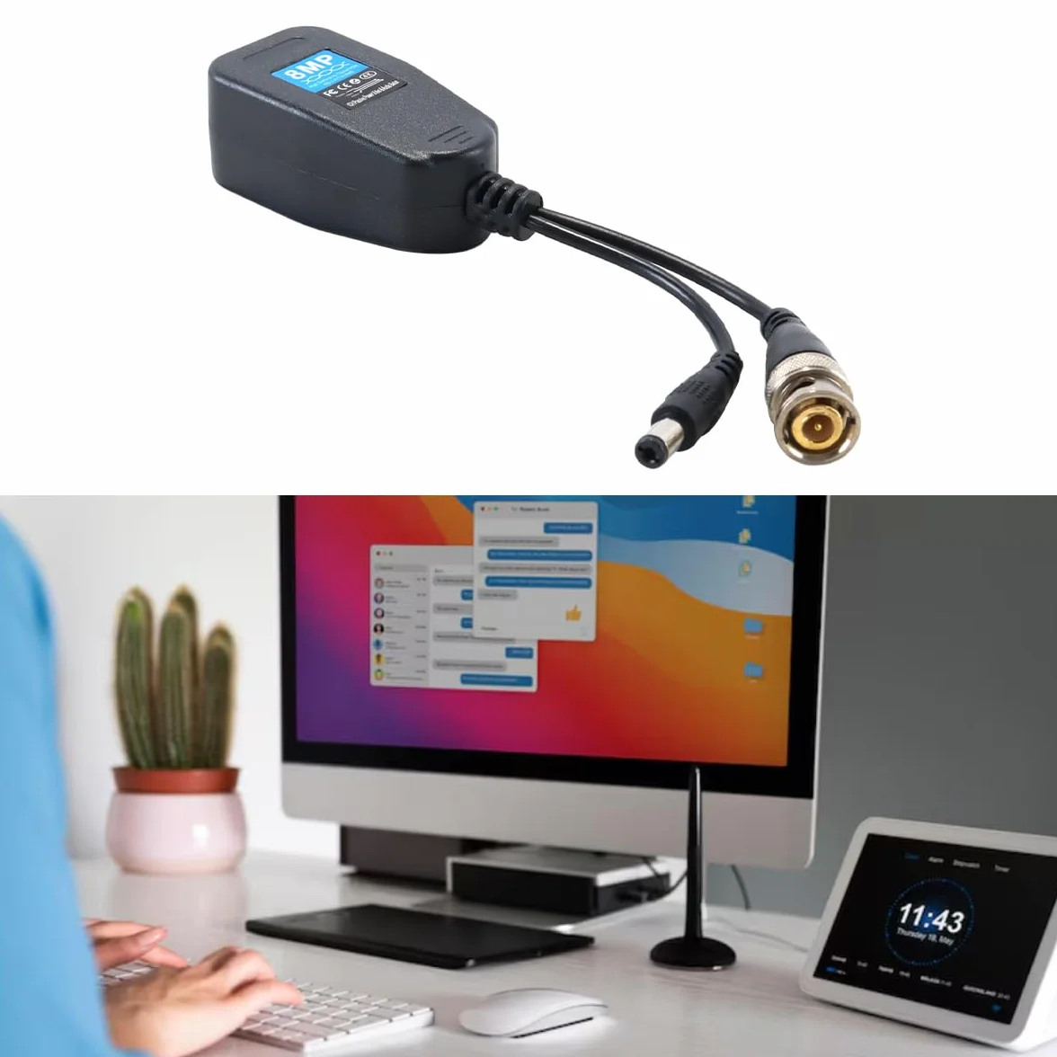 Émetteur à Paire torsadée 2 pcs pv 2-en-1, connecteur émetteur-récepteur d'alimentation vidéo bnc avec signaux HD-cvi, HD-tvi, HD-ahd
