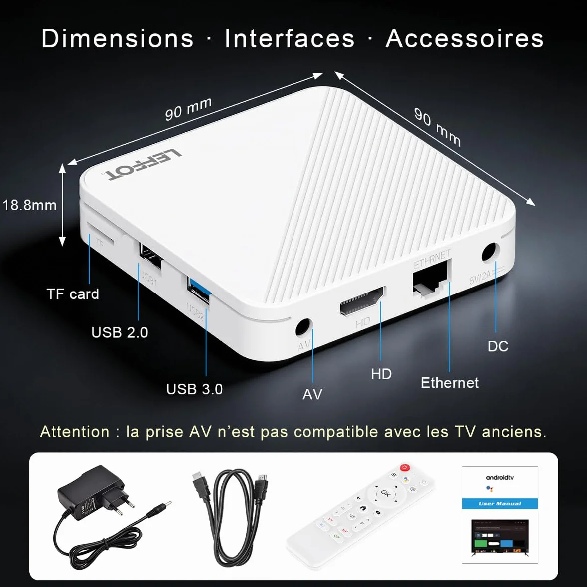 Android 14.0 TV Box 2026, 2Go RAM + 16Go ROM, LEFFOT H313 4K Ultra HD Boitier IP-TV pour Streaming, Support 2.4/5G WiFi 6, 100M Ethernet, Contrôle Vocal, BT 5.4, USB 3.0, HDR10, RK3518 Quad-Core A53