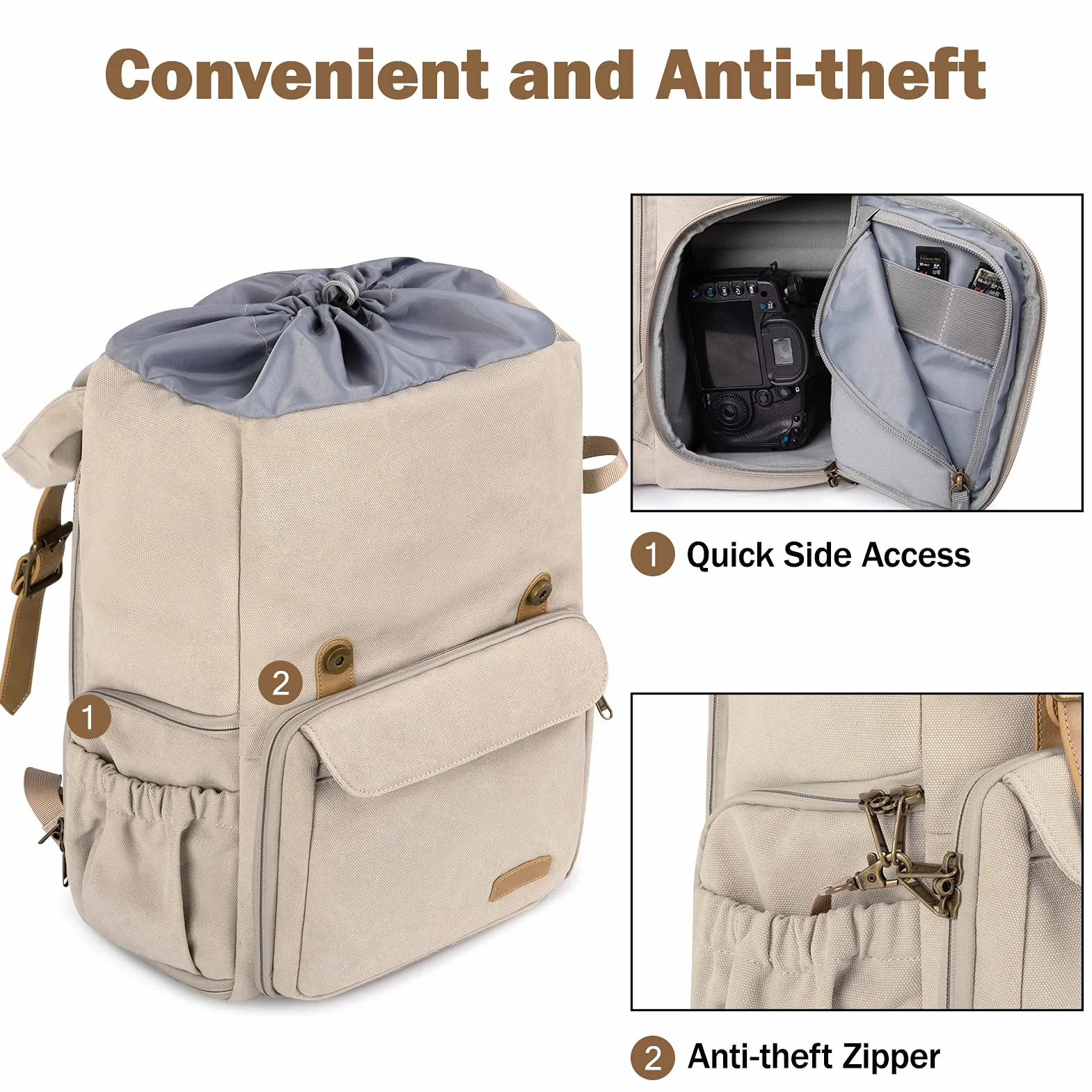 bagsmart Sac à dos pour appareil photo reflex numérique - En toile - Antivol - Imperméable - Avec protection contre la pluie - Pour ordinateur portable de 15" - Appareil photo reflex numérique -