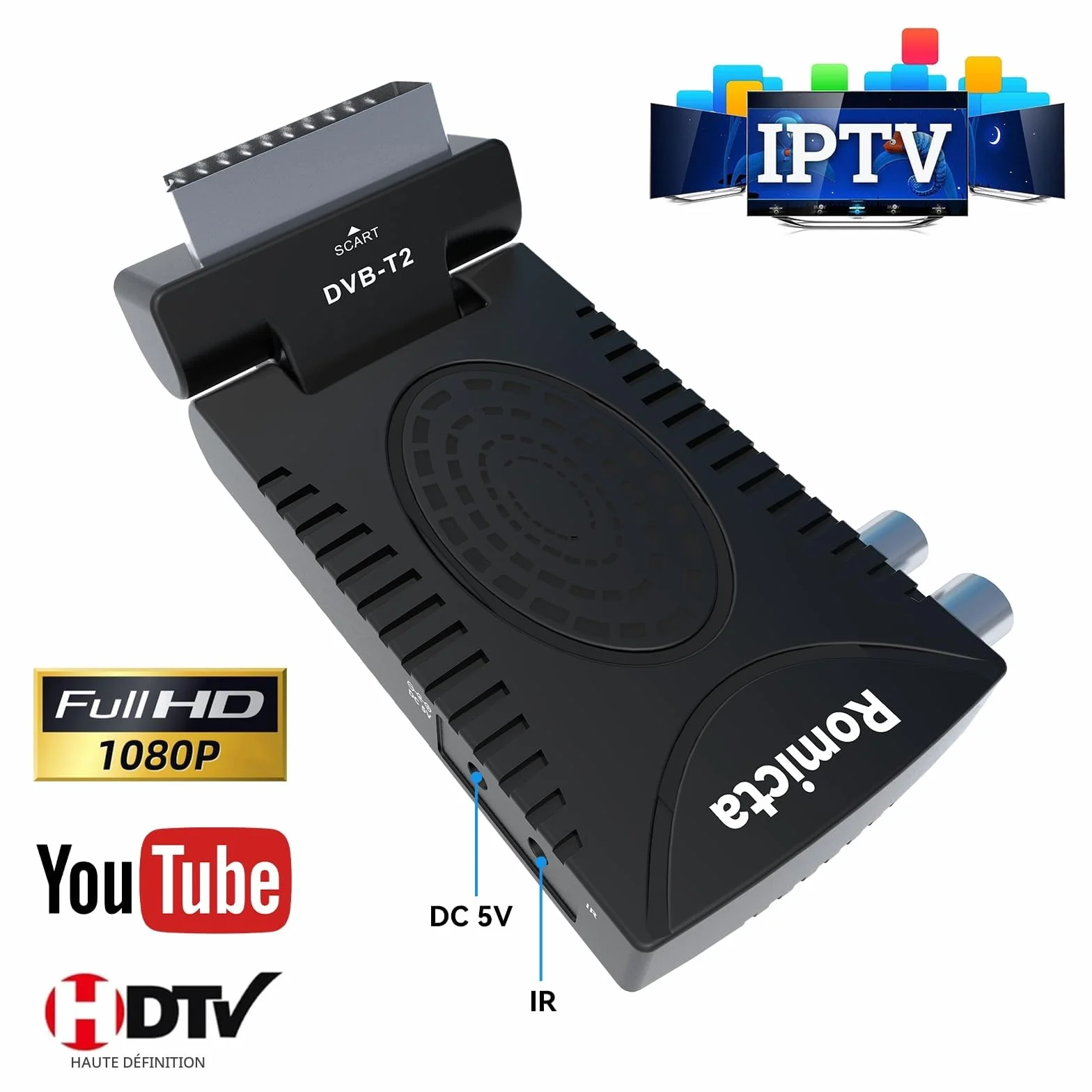 Romicta Décodeur TNT HD 2025 - DVB-T2 H.265 HEVC FTA Full HD PVR, USB, HDMI, SCART, Tuner TV numérique terrestre, récepteur numérique Haute définition Full HD 1080p, télécommande Universelle 2 en 1