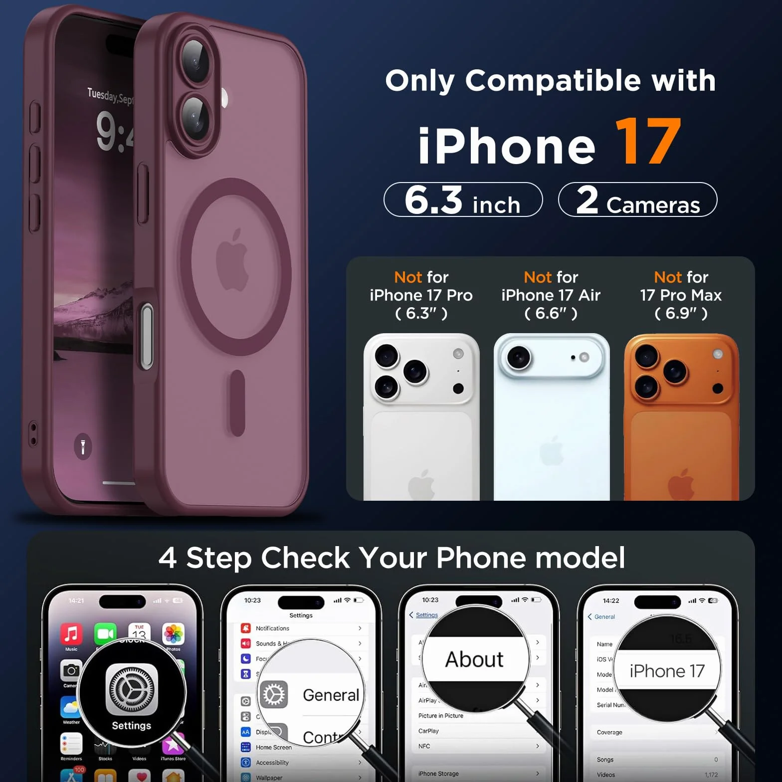 Oududianzi-Coque pour iPhone 17 Compatible avec MagSafe Magnétique, Housse de Arrière Translucide Givrée PC, TPU Silicone Bumper Étui Protection Antichoc Militaire Anti-Empreintes-Bordeaux