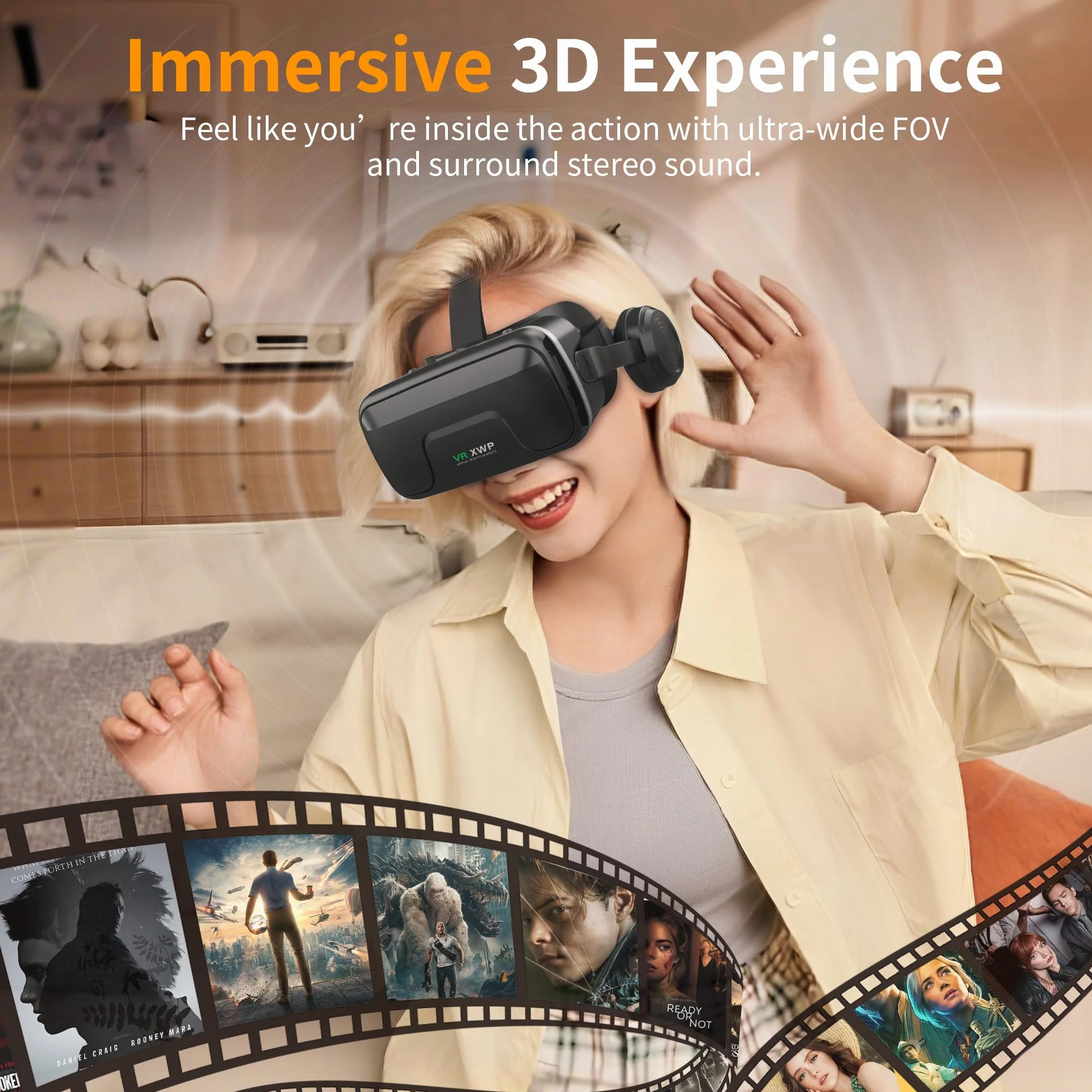 XWP Casque VR avec Écouteurs, Lunettes de Réalité Virtuelle 3D pour Téléphone Portable, Lentilles HD Anti-Bleu, pour iPhone Android 4.7-7.2"