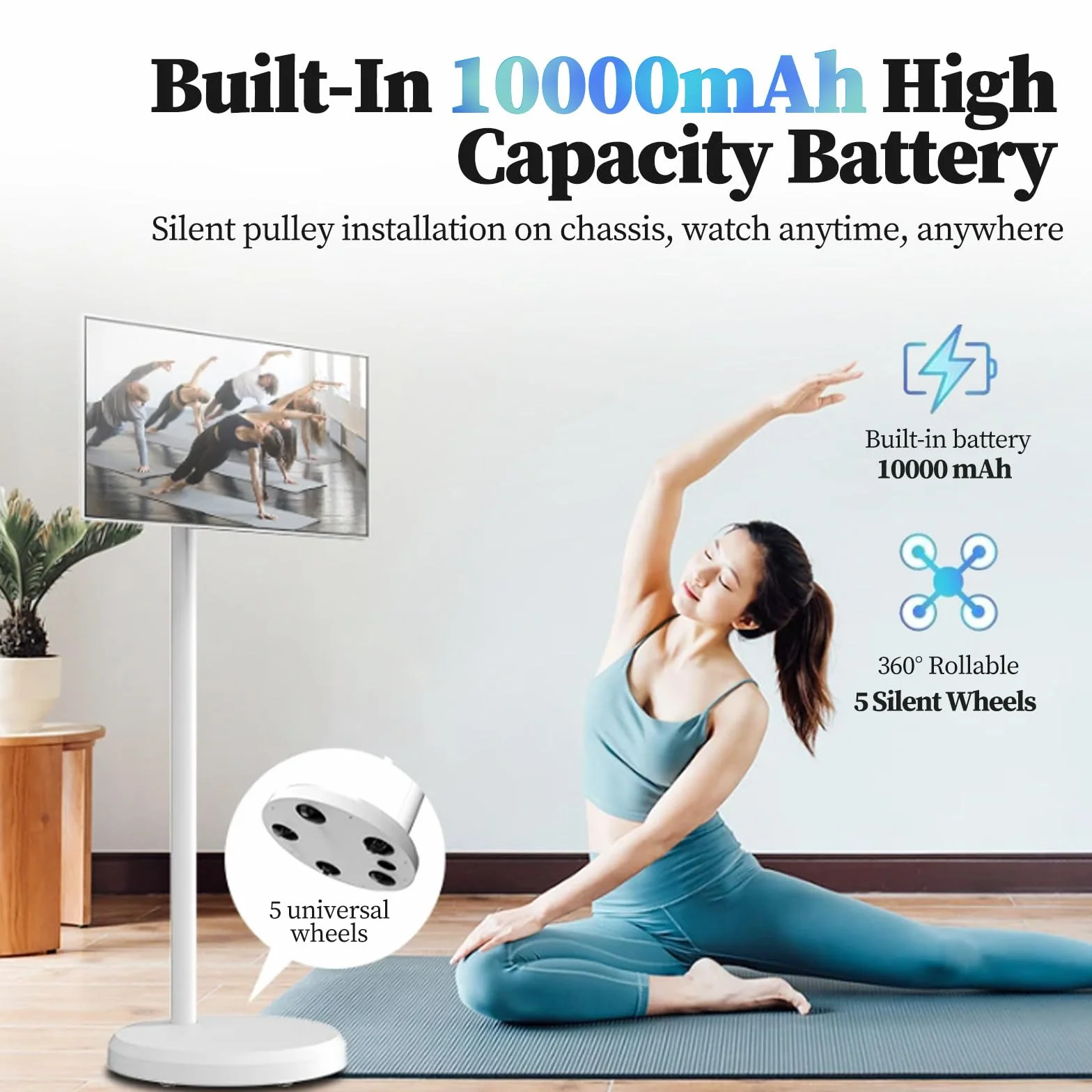 Téléviseur Portable 32 Pouces - écran Tactile 1080p sur roulettes avec Caméra 8 Mpx, Stockage 8 Go + 128 Go, Batterie 10 000 Mah, Tablette TV Rotative avec Télécommande 32inch-6+64G