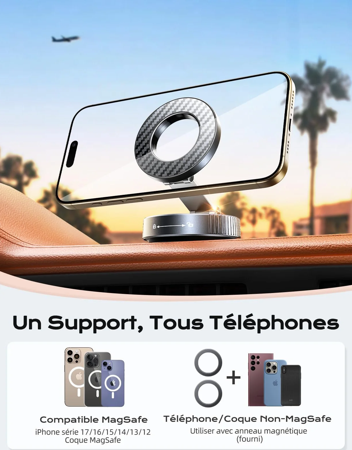 Mohard Porte Aimant Téléphone Voiture MagSafe 2400GF Ultra Puissant 360° Réglable Pliable pour iPhone 17/16/15/14/13