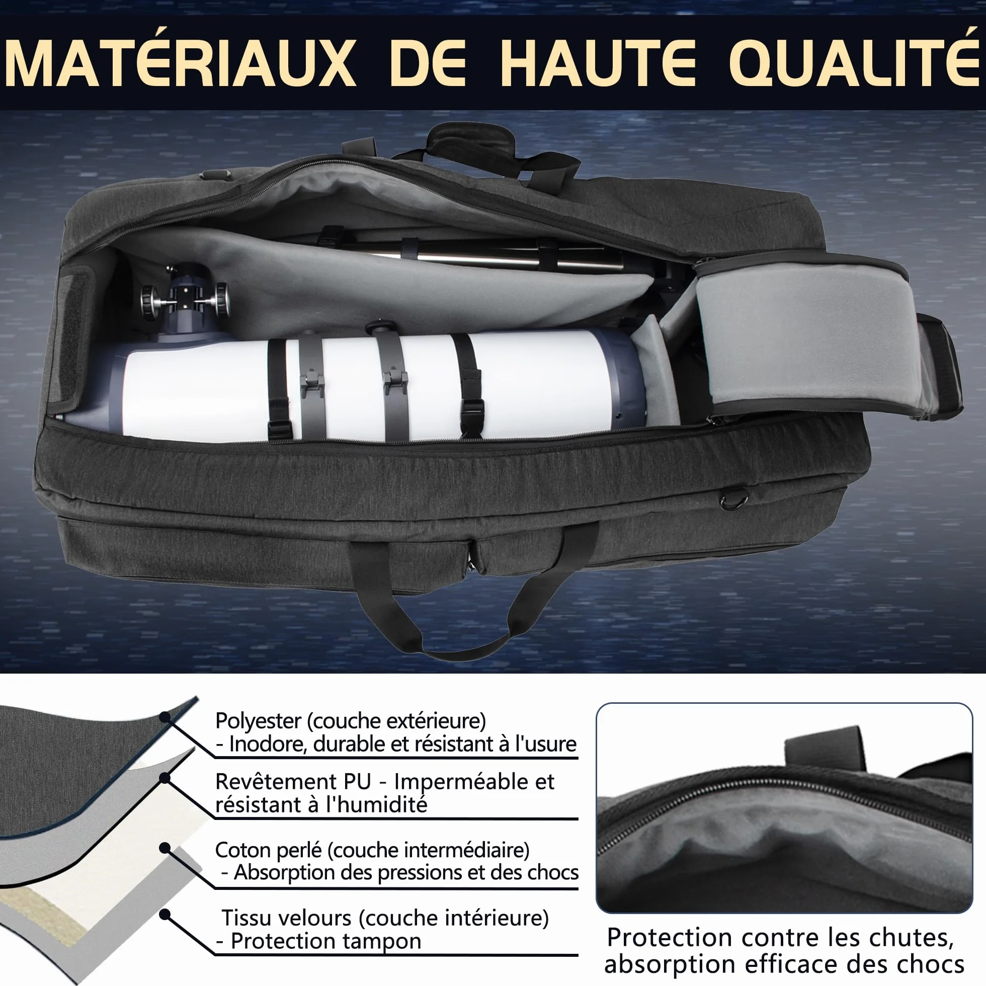 OUUTMEE 76CM Étui Rembourré pour Télescope, Sac de Transport pour Télescope avec Séparateurs Réglables et Poches pour télescopes, Montures, Trépieds et Accessoires (Noir)