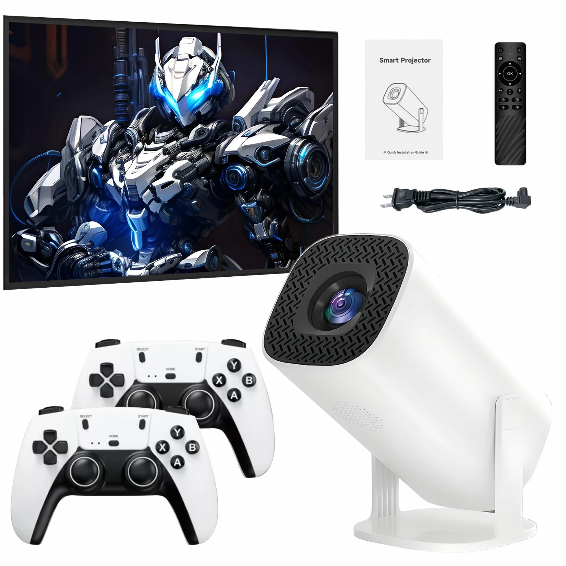 P30Plus 4K Projecteur de Jeux Vidéo avec 2 Manettes Sans Fil, 14 Émulateurs Intégrés, 36000+ Jeux, Blanc