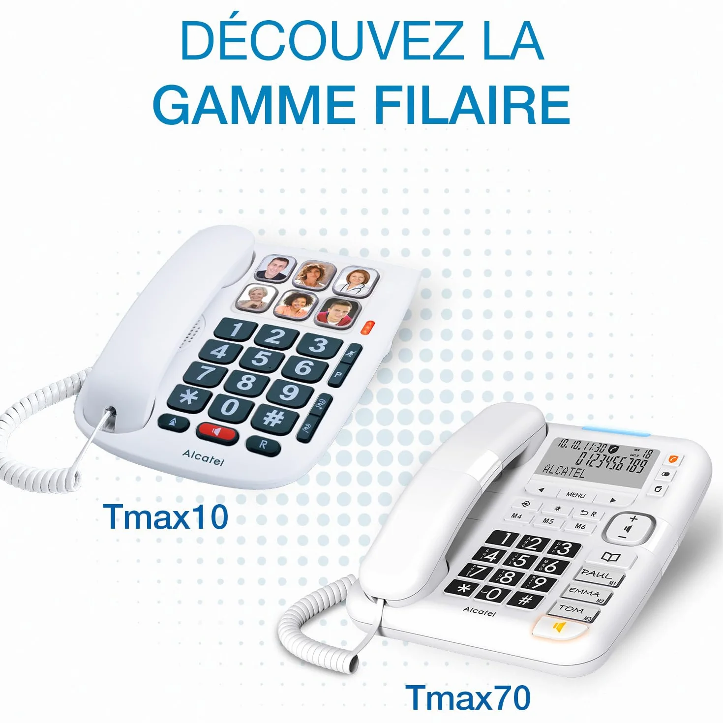 ALCATEL TMAX 10 - Téléphone Fixe Filaire Senior - Grandes Touches - Mains Libres - Indicateur Lumineux D'Appel Entrant - Touches Avec Photos - Compatible Aides Auditives - Blanc