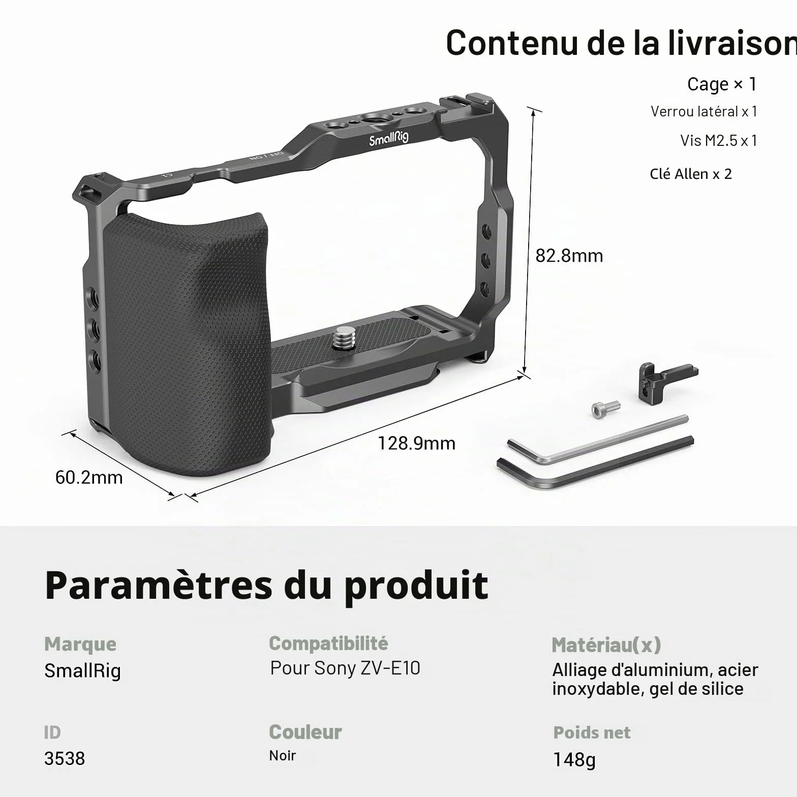 SMALLRIG ZV-E10 Cage avec Poignée et Plaque de Dégagement Rapide Intégrée pour Arca-Swiss pour Sony ZV-E10-3538B