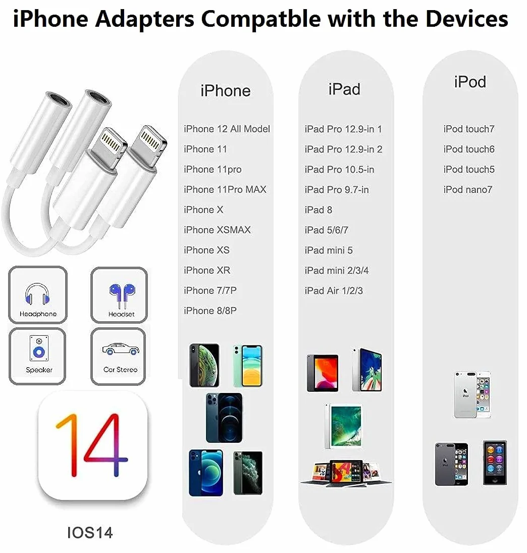 Adaptateur Lightning vers Jack 3,5 mm MFi pour iPhone 14/13/12/11/Xs/XR/X/8/7 - Lot de 2
