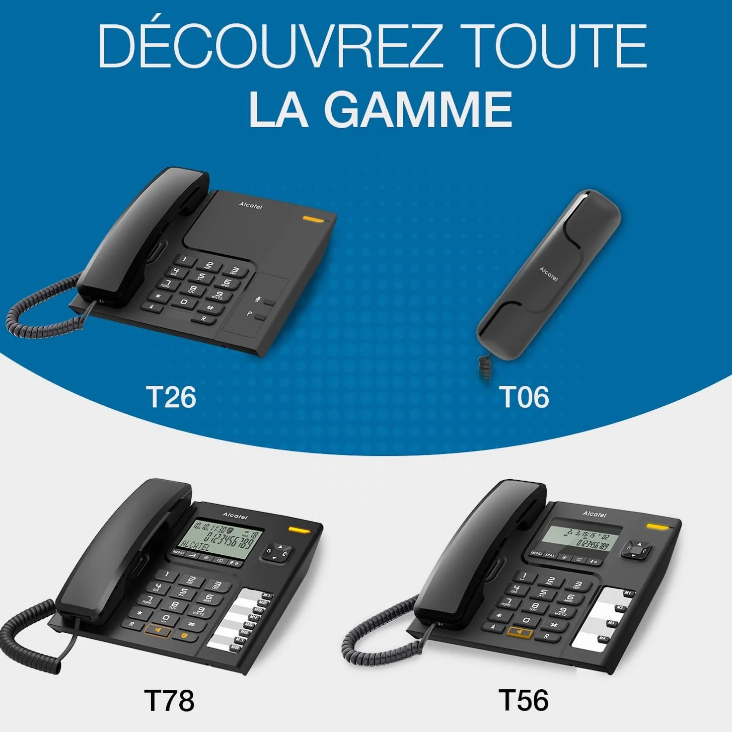 ALCATEL T78 Téléphone Fixe Filaire Grand Écran Alphanumérique Mains Libres Blocage d'Appel Noir