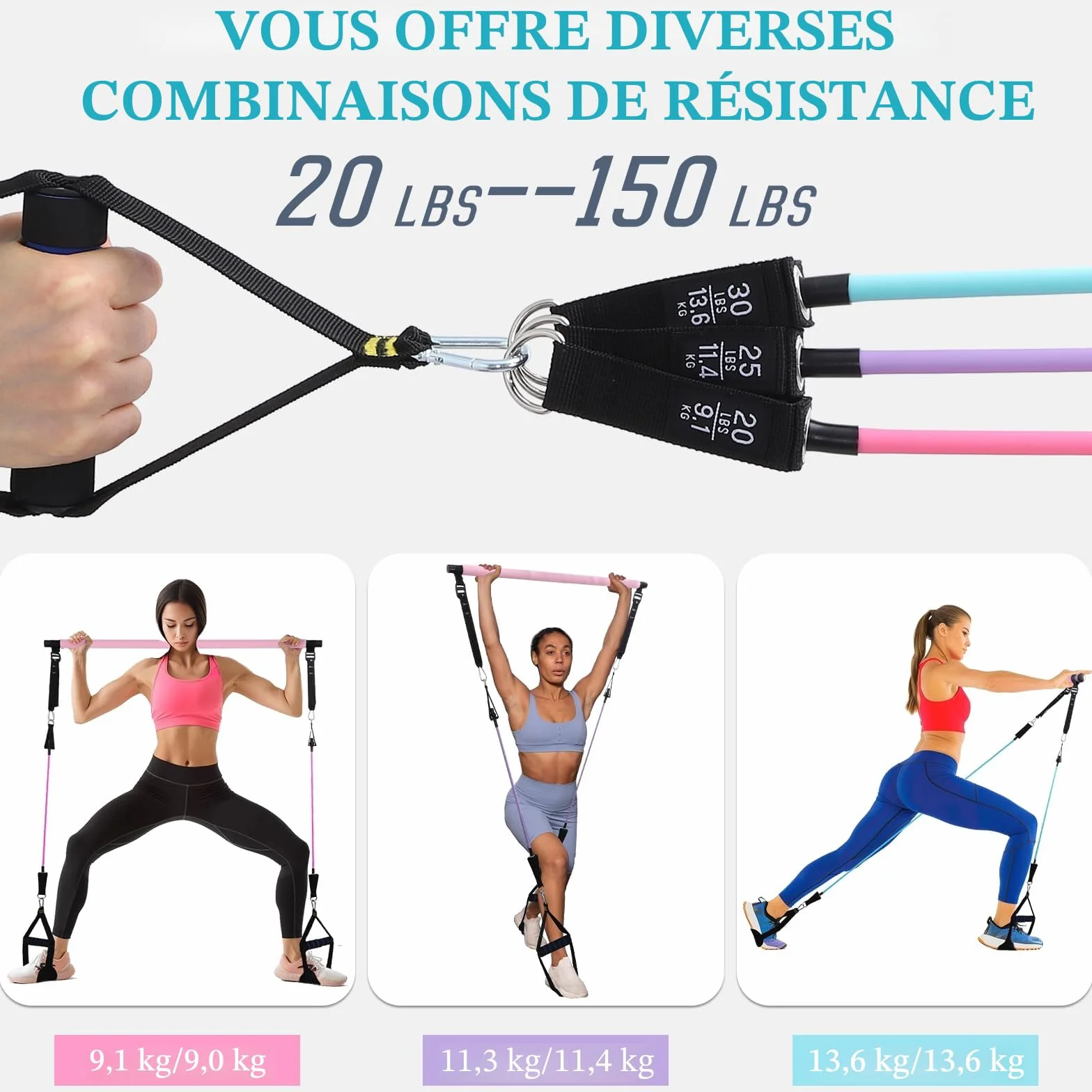 Kit Barre de Pilates avec 6 Bandes de Résistance Élastique, Musculation pour Homme et Femme, Yoga Fitness