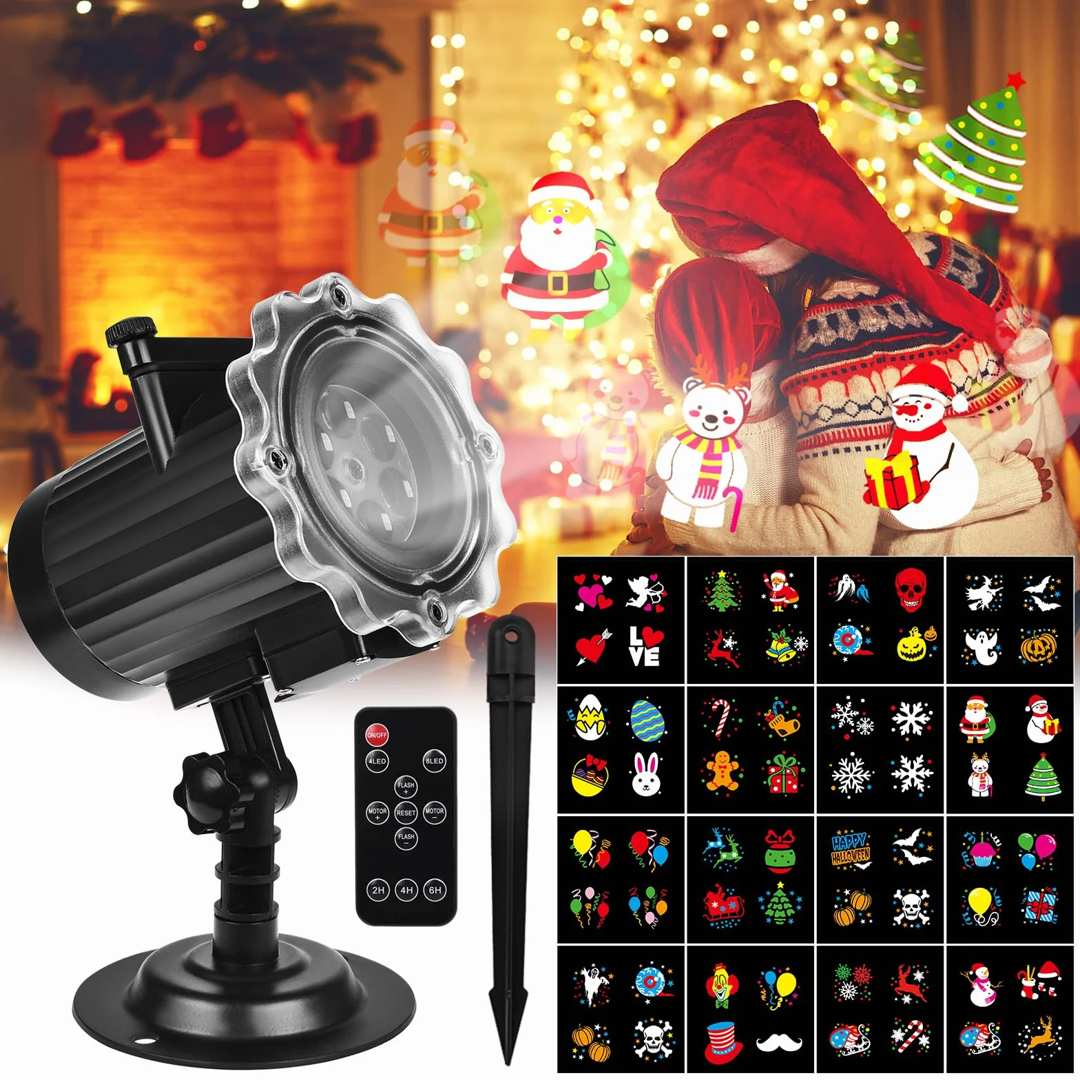Projecteur Noel Exterieur, avec 16 Diapositives à Motif HD et Télécommande, Projecteur Exterieur LED Noel Étanche, Decoration Noel Intérieur Extérieur pour Noël Halloween Fête Jardin