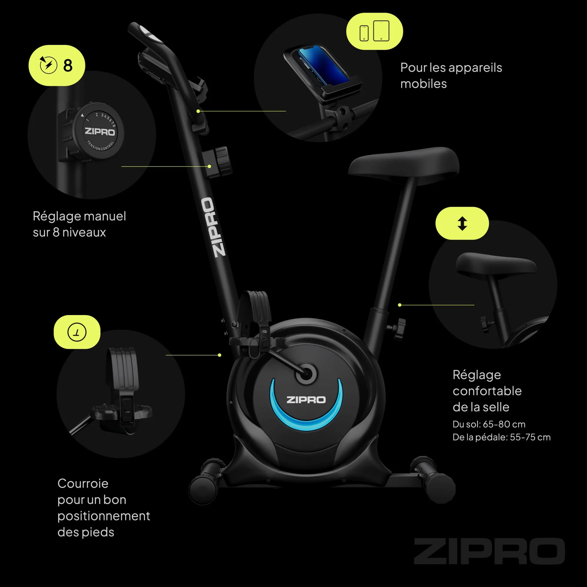 ZIPRO Vélo d'Appartement Adulte Résistance Magnétique 8 Niveaux Écran LCD