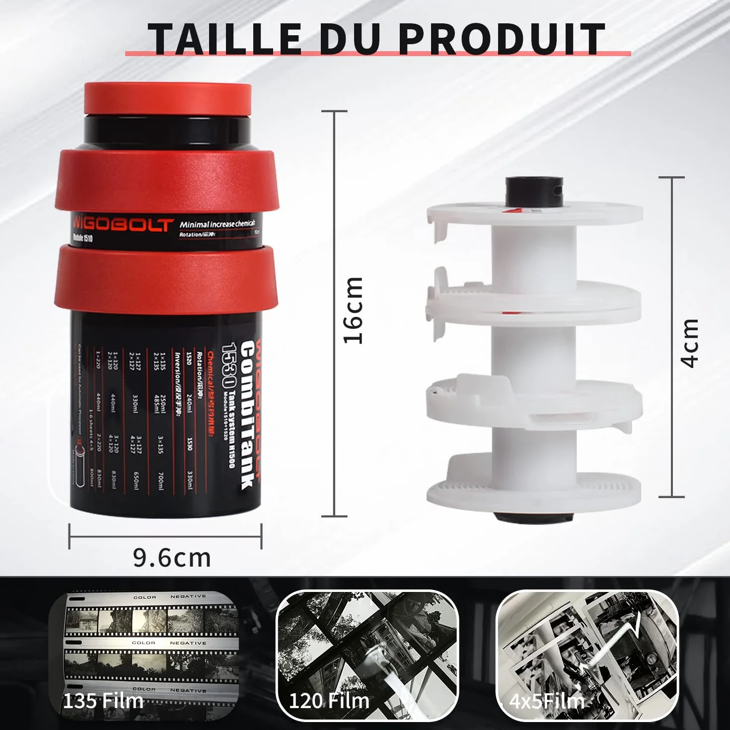 eTone Réservoir de développement Universel pour Chambre Noire avec 3 bobines en Spirale pour Le Traitement de 120 135 Rouleaux de Film N/B Équipement de Traitement de Film pour Appareil Photo