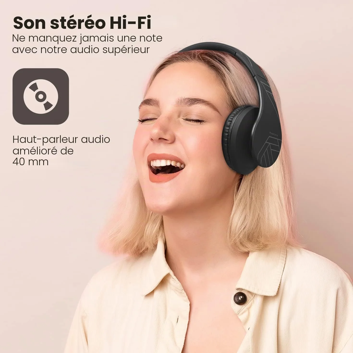 PowerLocus Casque Bluetooth Audio stéréo Pliable sans Fil et Filaire avec Micro intégré, Micro SD/TF, FM pour iPhone/Wiko/Samsung/iPad/PC (Noir)