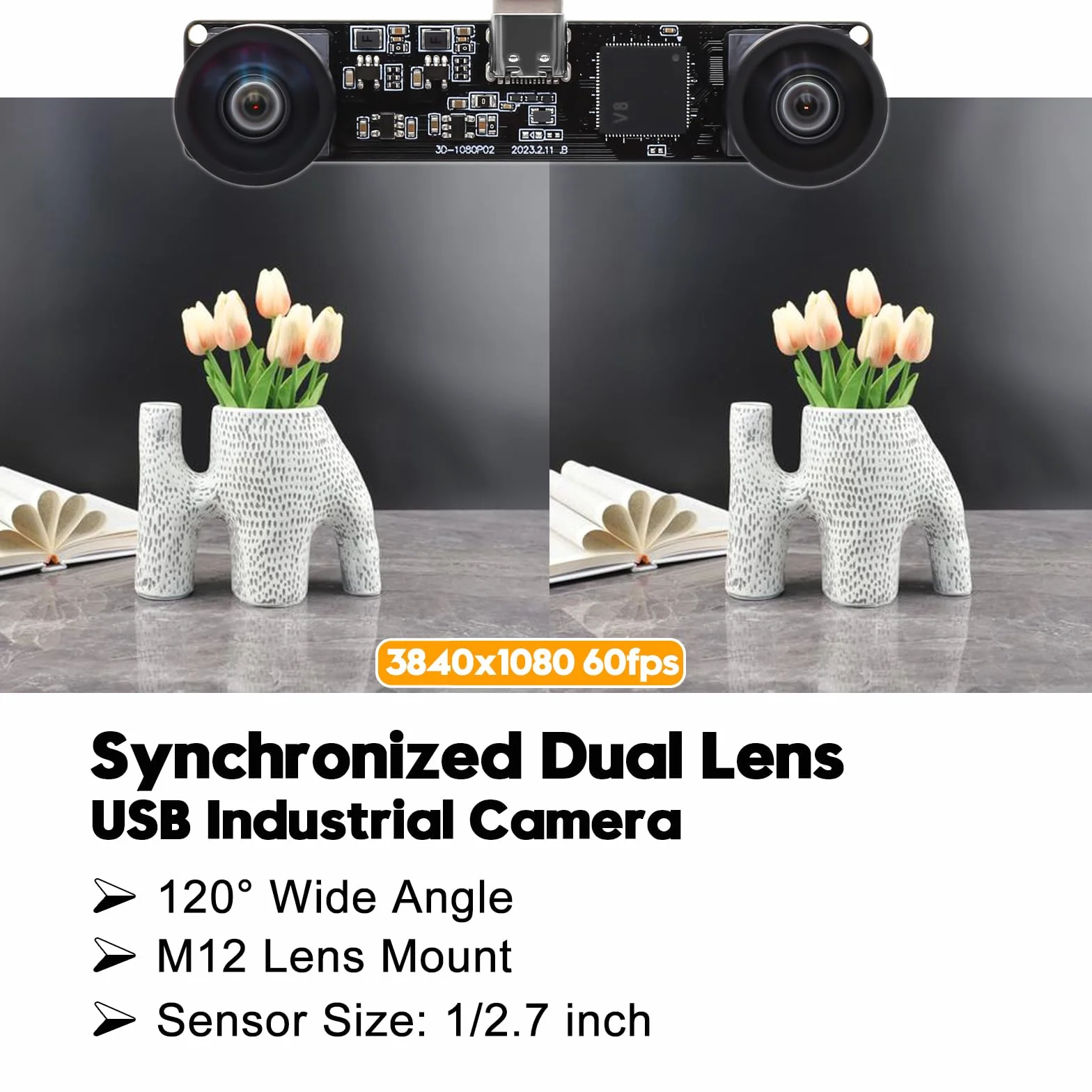 Svpro Module caméra USB Dual Lens 1080P 60fps UVC industriel carte de synchronisation d'enregistrement couleur avec double objectif M12, caméra grand angle sans distorsion pour 3D, VR,
