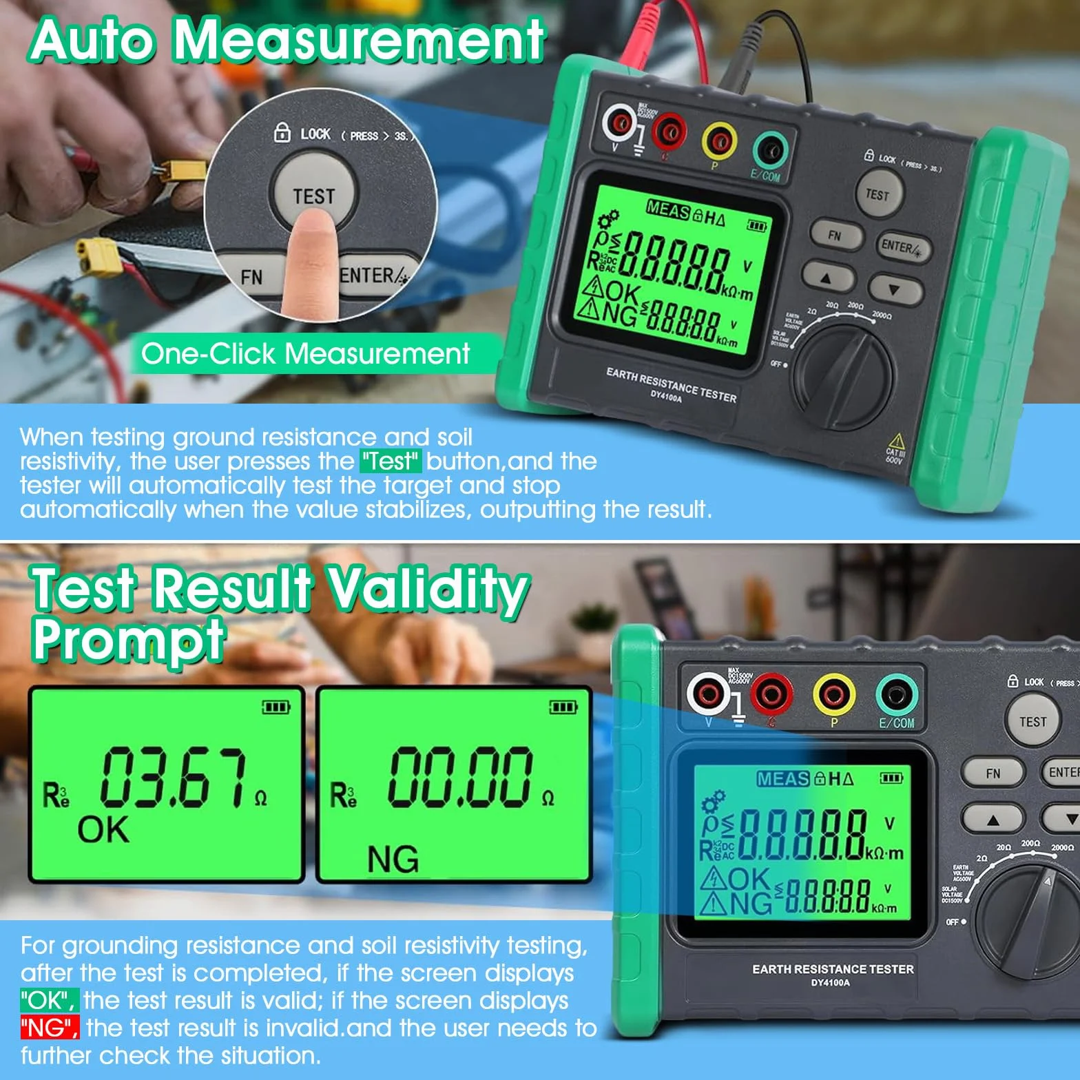 Testeur de Résistance à la Terre, 0~2000Ω Mesure de Résistance de Mise à la Terre Tension CA de 600V Mégohmmètre Earth Ground Resistance Tester