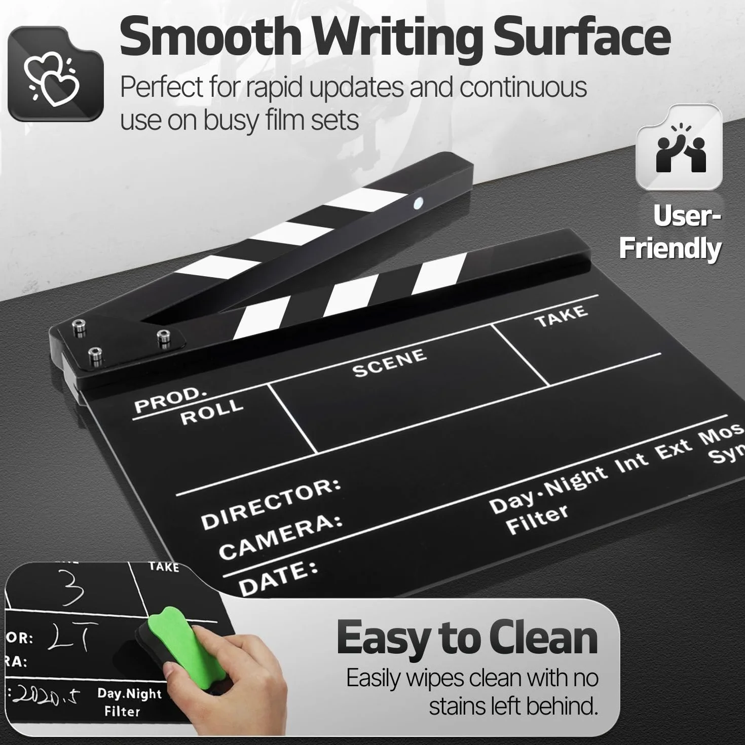 Flexzion Ardoise en plastique acrylique effaçable à sec pour appareil photo hollywoodien, studio, cinéma à domicile, vidéo 25,4 x 30,5 cm avec bâtons noir/blanc