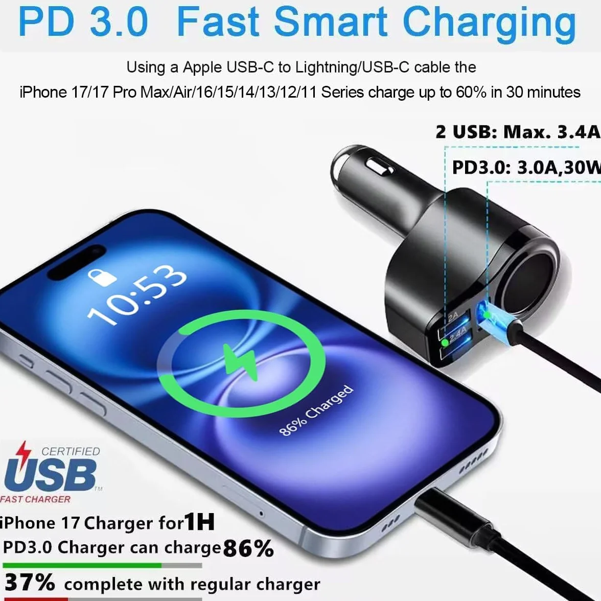 𝟒 𝐞𝐧 𝟏 Chargeur Allume Cigare USB,𝟒𝟖𝐖 PD3.0 Allume Cigare Rapide Chargeur Voiture USB C,Adaptateur Prise Allume Cigare USB pour iPhone 17/Air/16/15 Pro Max,iPad,Samsung Galaxy S25 S24, Huawei