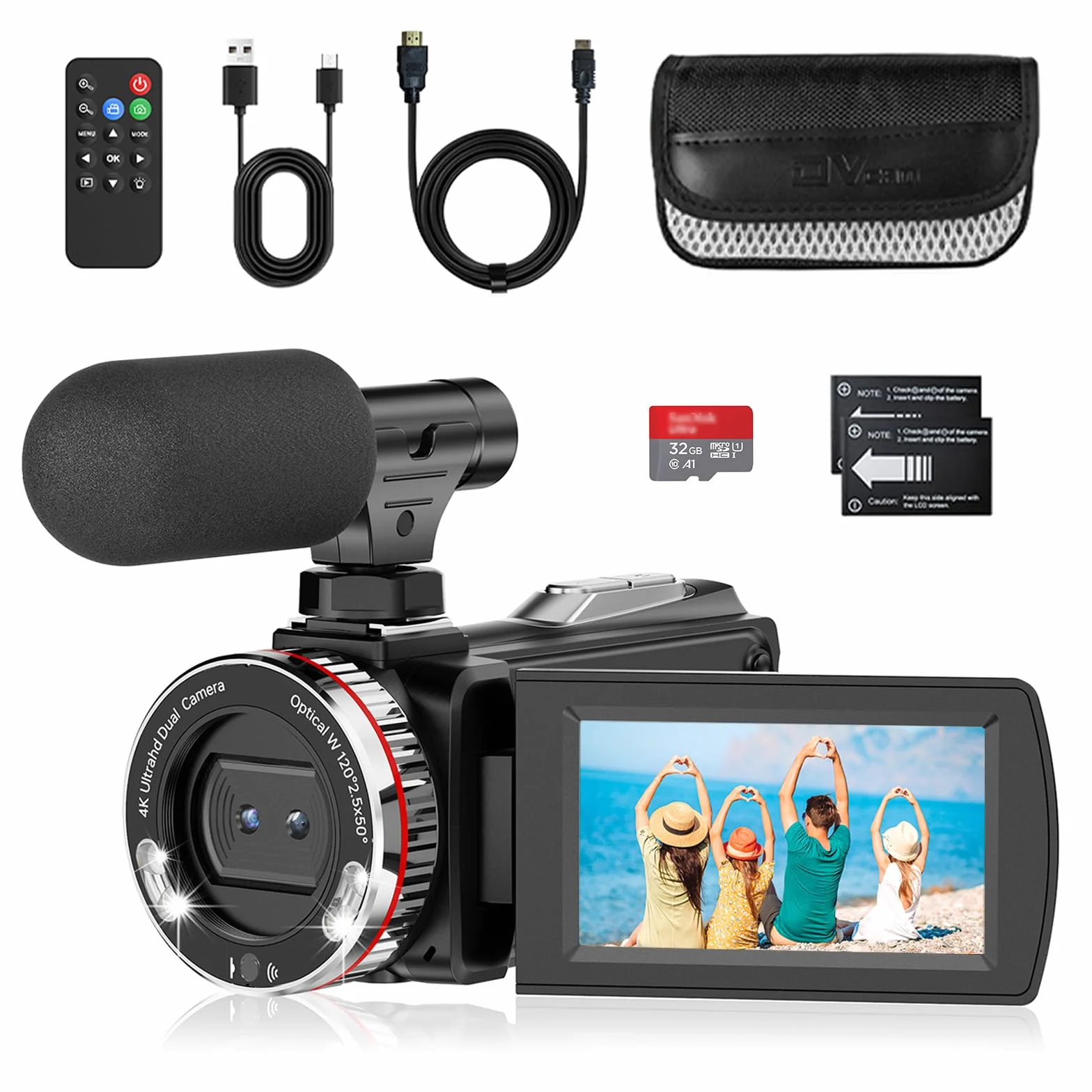 Caméscope 4K 48X Zoom Numérique 21X Vlogging Caméra avec Carte 32 Go, Microphone, Télécommande