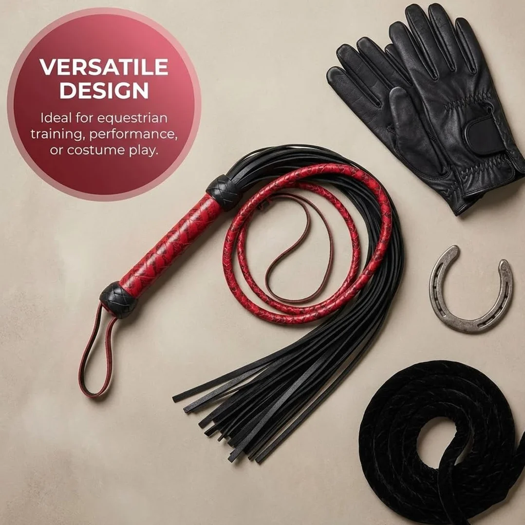 Cravache en Cuir avec Gland, Équipement d'Entraînement Équestre, Noir et Rouge