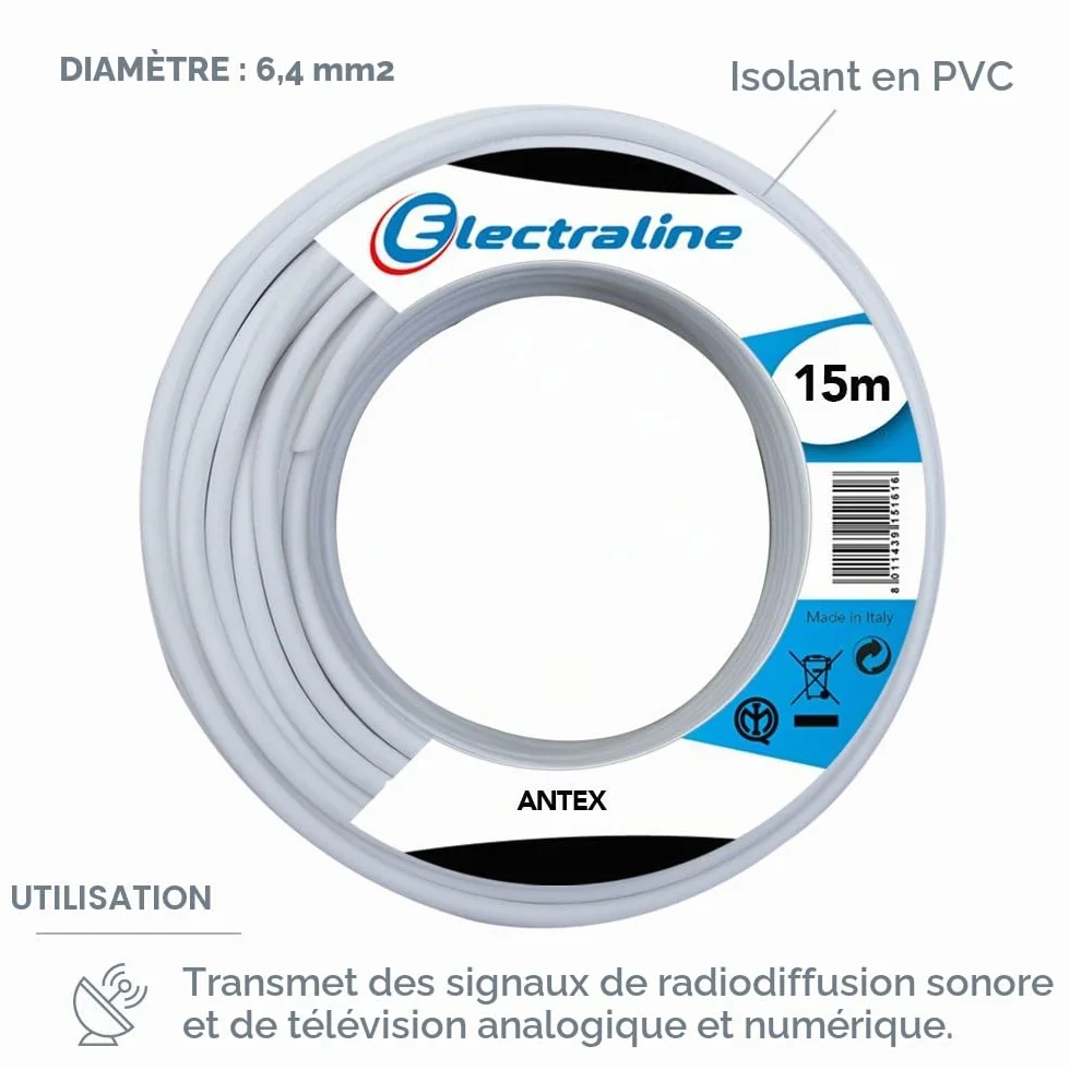Câble d'antenne coaxial Câbles Antennes TV – 15 Mt – Blanc