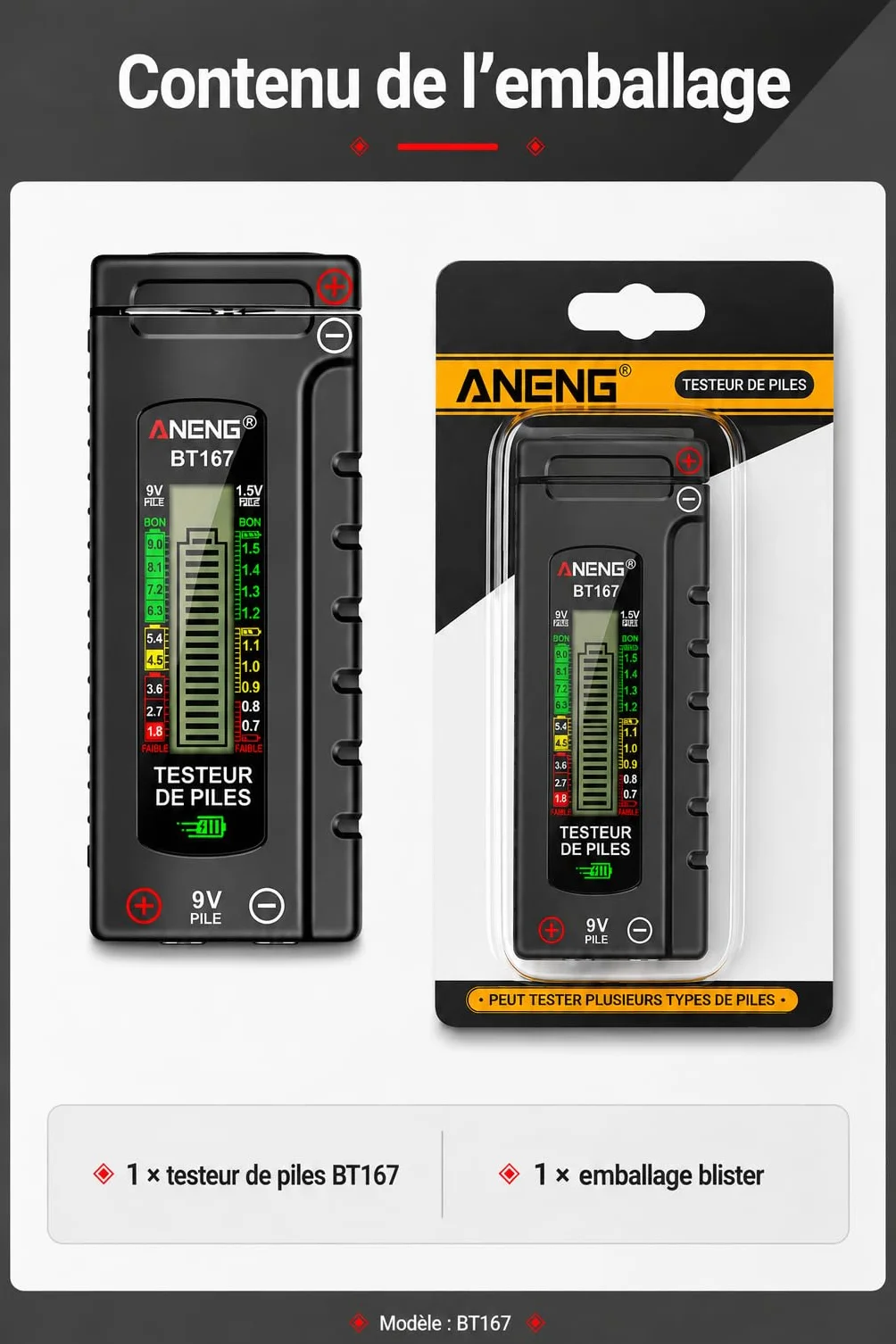 VOBOR Testeur de Piles Numérique Universel, Écran LCD, Battery Tester pour Piles AA AAA C D 9V 1,5V Pile Bouton